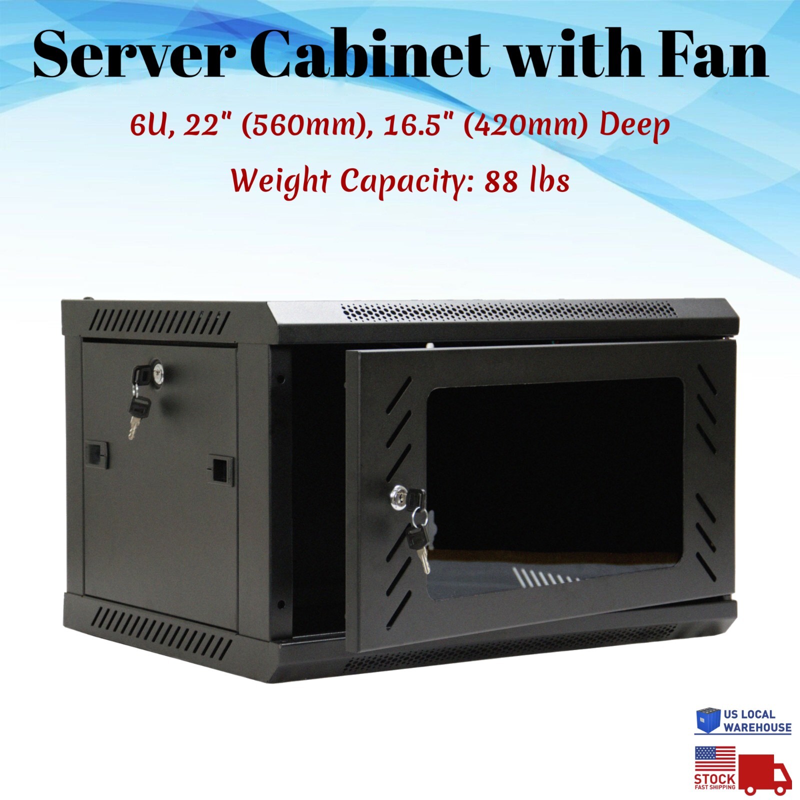 Server Cabinet 19" 6U Rack Wall Mount 16.5" Deep with Key Lock Fan Data Network