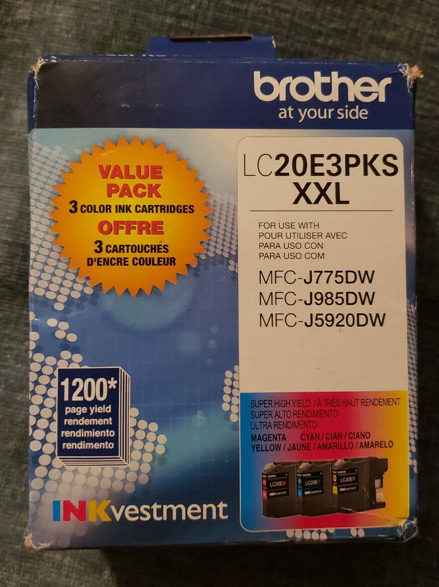 Brother LC20E3PKS XXL Super High-Yield 3-Pack Ink Cartridges C/Y/M Exp. 01/2024