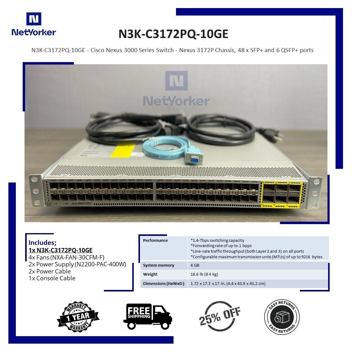 Cisco Nexus N3K-C3172PQ-10GE 48x 10G 6x 40Ge QSFP Switch W/Dual Power-Fast Shipp