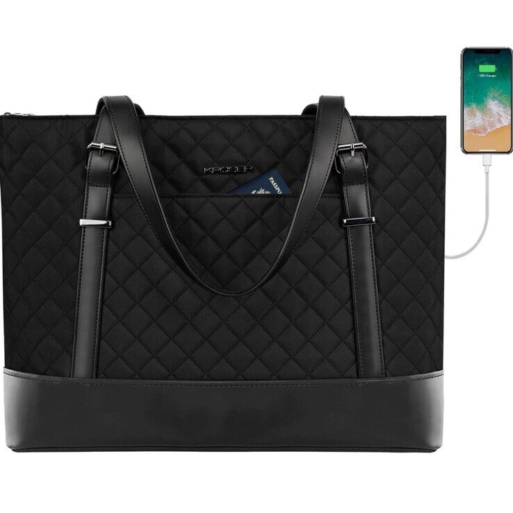 Kroser Laptop Tote Bag 15.6 Inch With USB Port Quilted Black Shoulder Bag