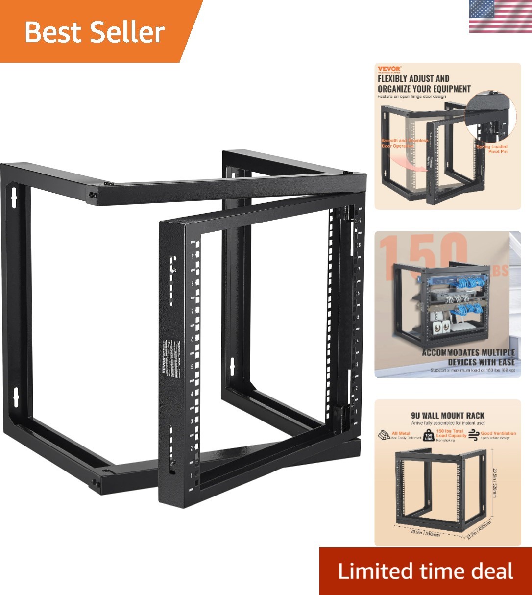 9U Wall Mount Server Rack - Heavy-Duty Carbon Steel for IT & AV Equipment
