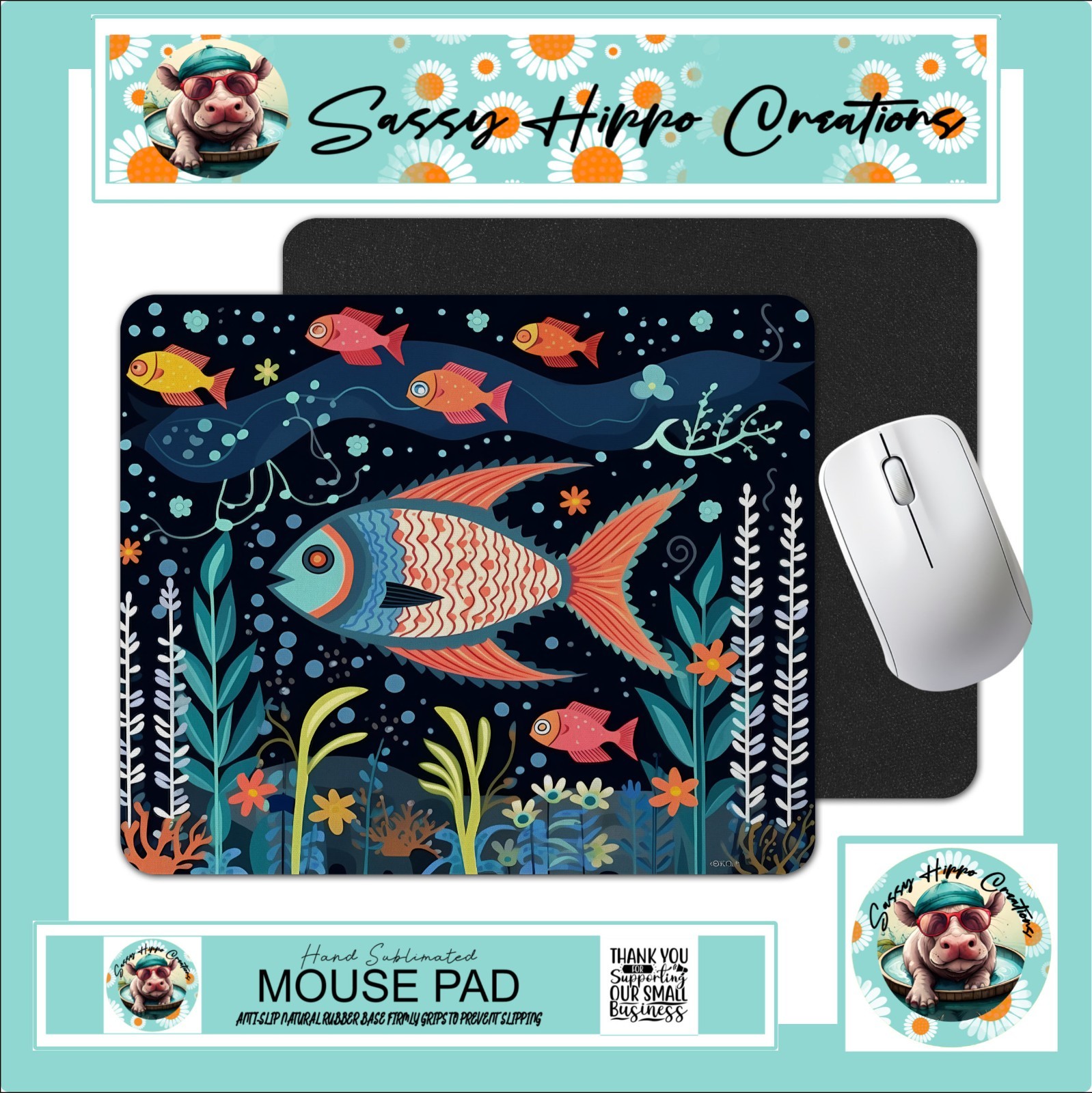 Mouse Pad Angelfish Abstract Art Ocean Life Anti Slip Back Easy Clean Sublimated