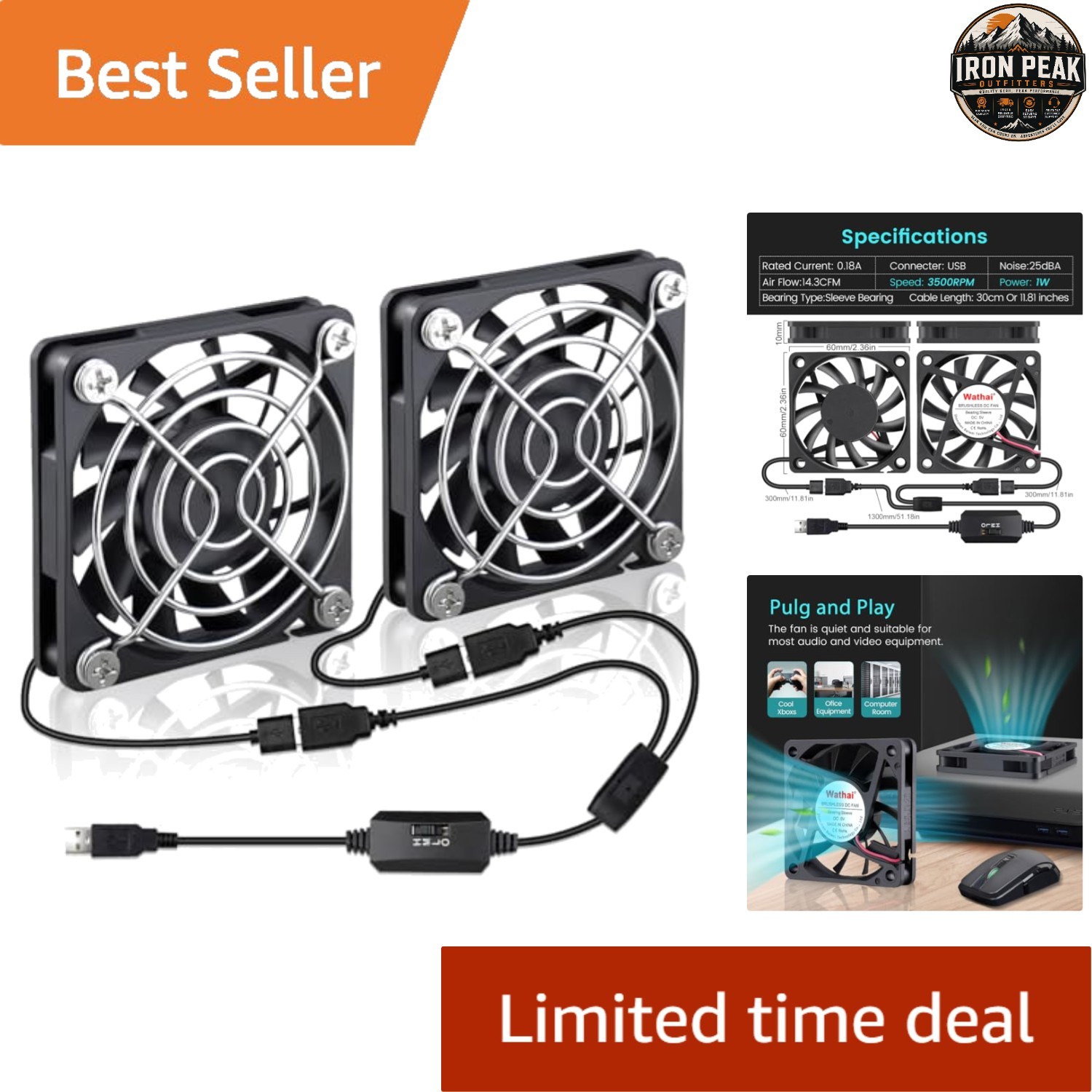 USB Computer Fan 60x10mm 5V 2 Pack Speed Control 3500 RPM DIY Cooling