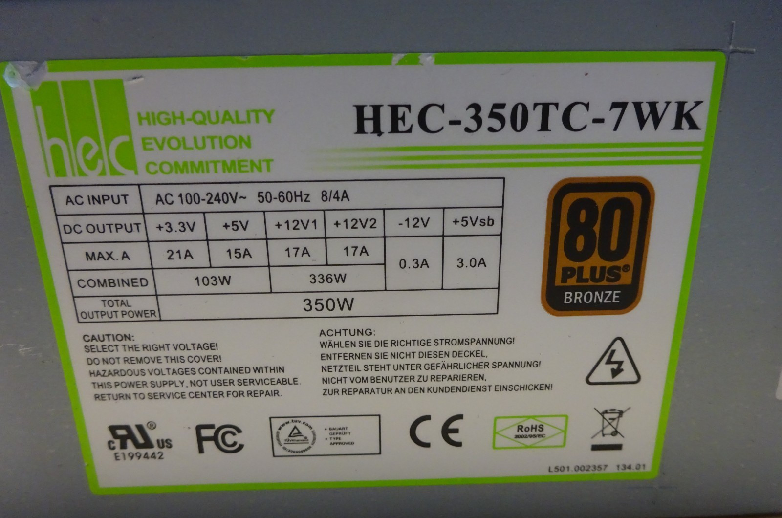 HEC HEC-350TC-7WK 20+4 Pin 80 PLUS BRONZE Power Supply 350W #NT4939