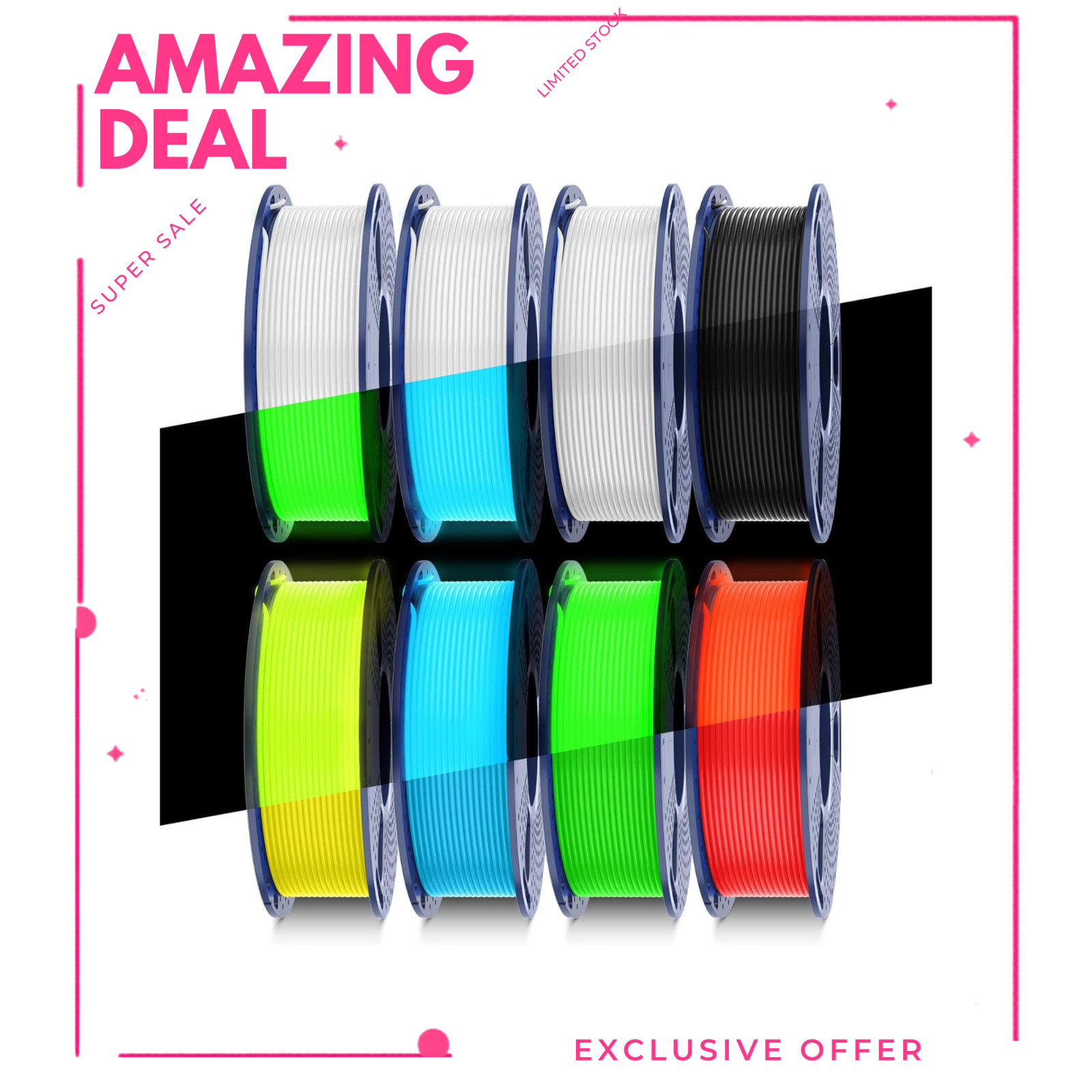 Glow in Dark PLA Filament Bundle 1.75mm 250g Spool 8 Packs Black White Luminous