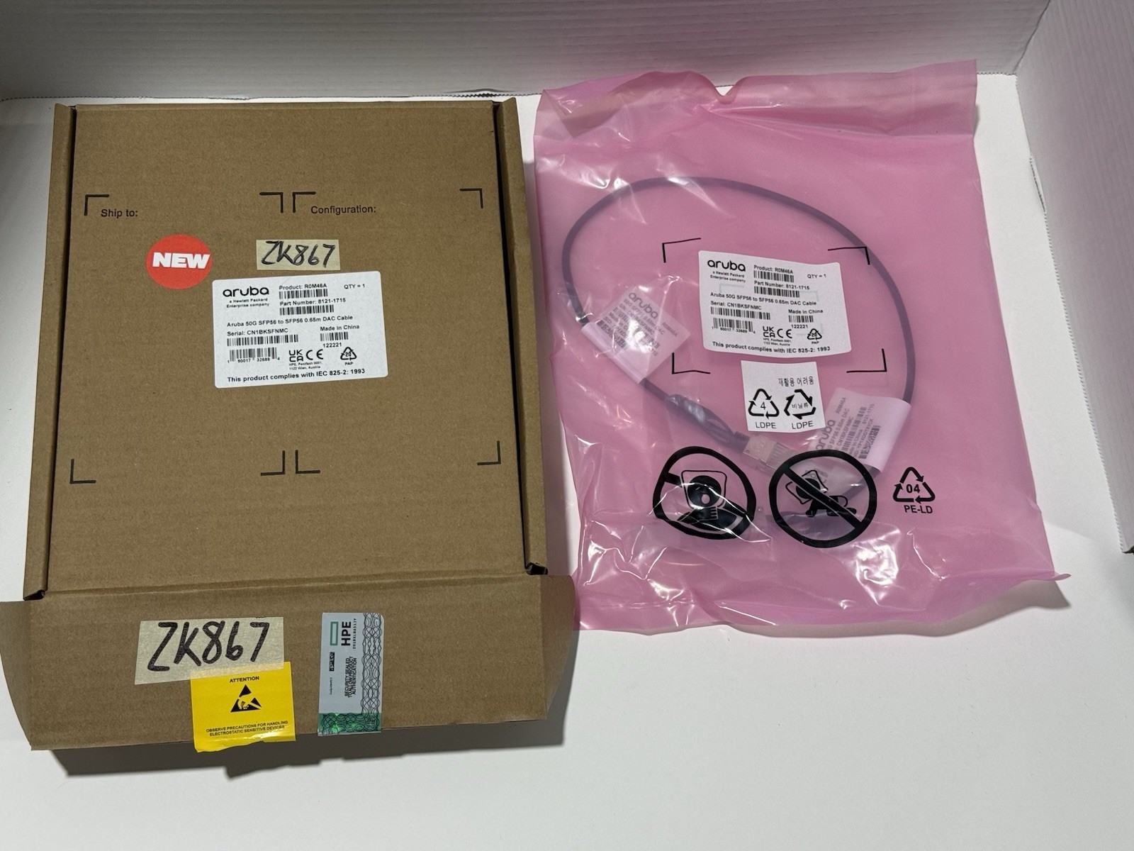 Aruba R0M46A HP Aruba 50G SFP56 to SFP56 DAC Cable  8121-1715 New