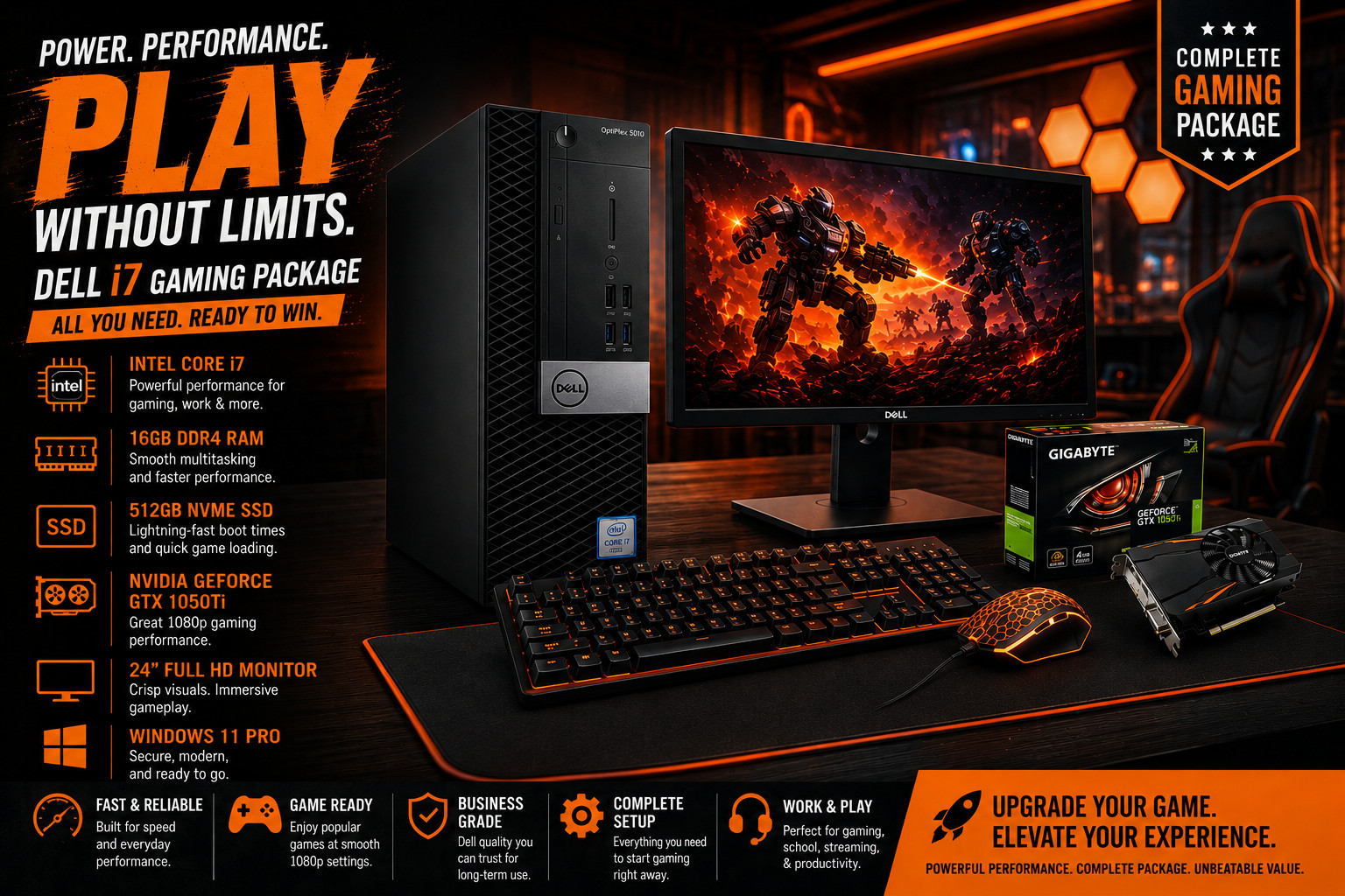 Dell i7 Gaming Desktop PC Computer NVME SSD Nvidia 1050Ti Win 11 16GB bundle
