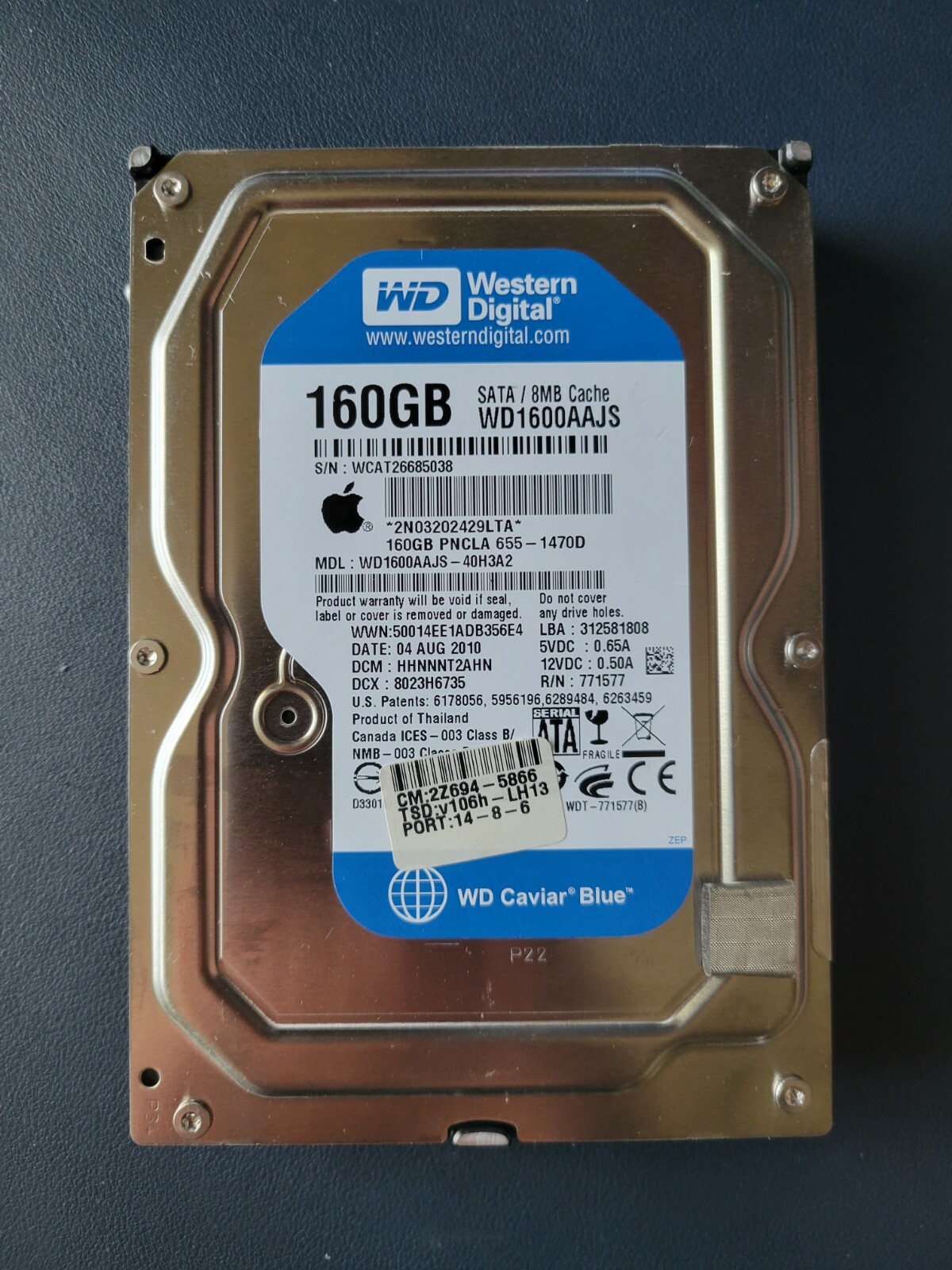 WD WD1600AAJS-40H3A2 DCM:HHRNHT2AHN Apple#655-1470D 160gb 3.5" Sata Hard Drive 