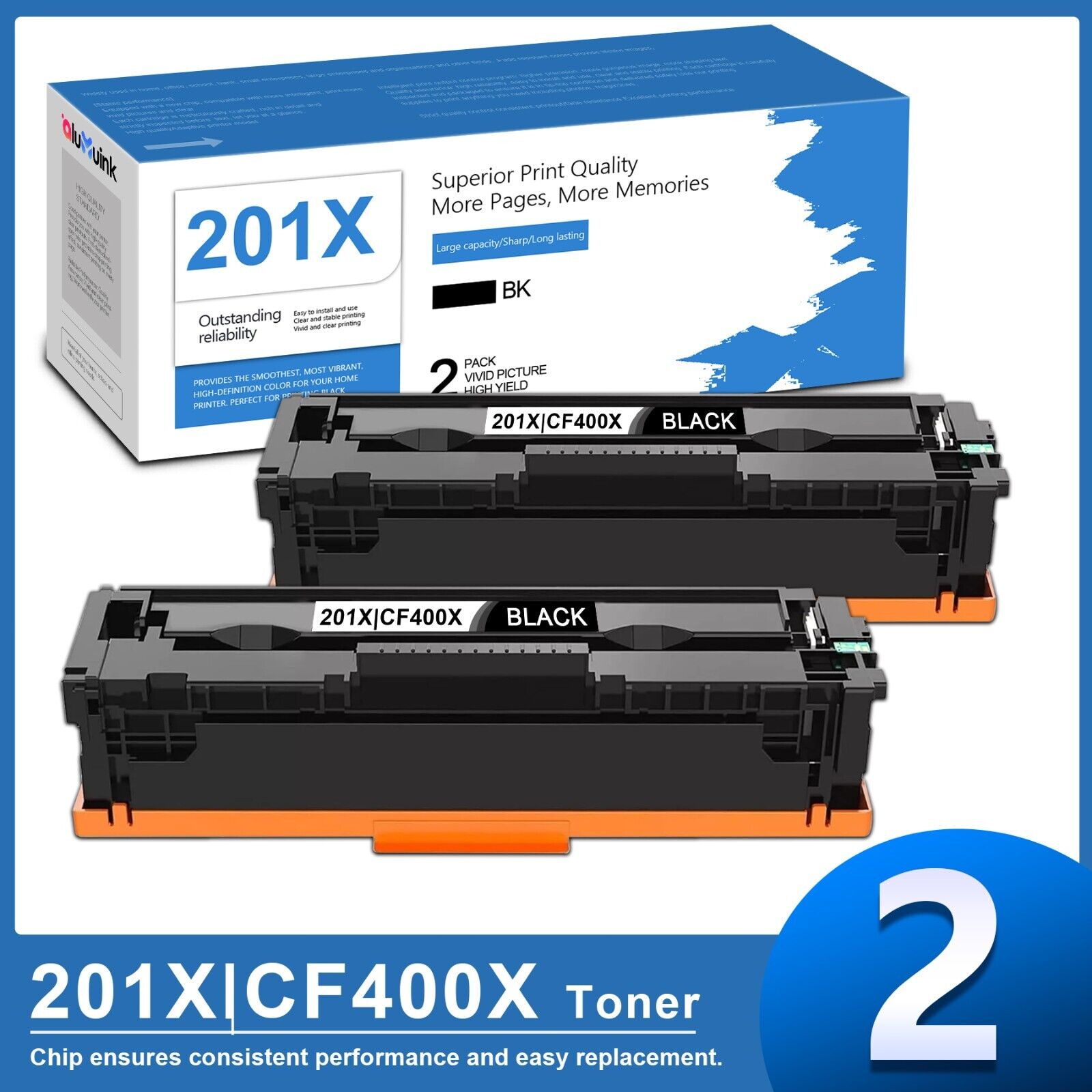 201A 201X Toner Replacement for HP CF400A CF400X Pro M252dw M252n (Black, 2Pack)