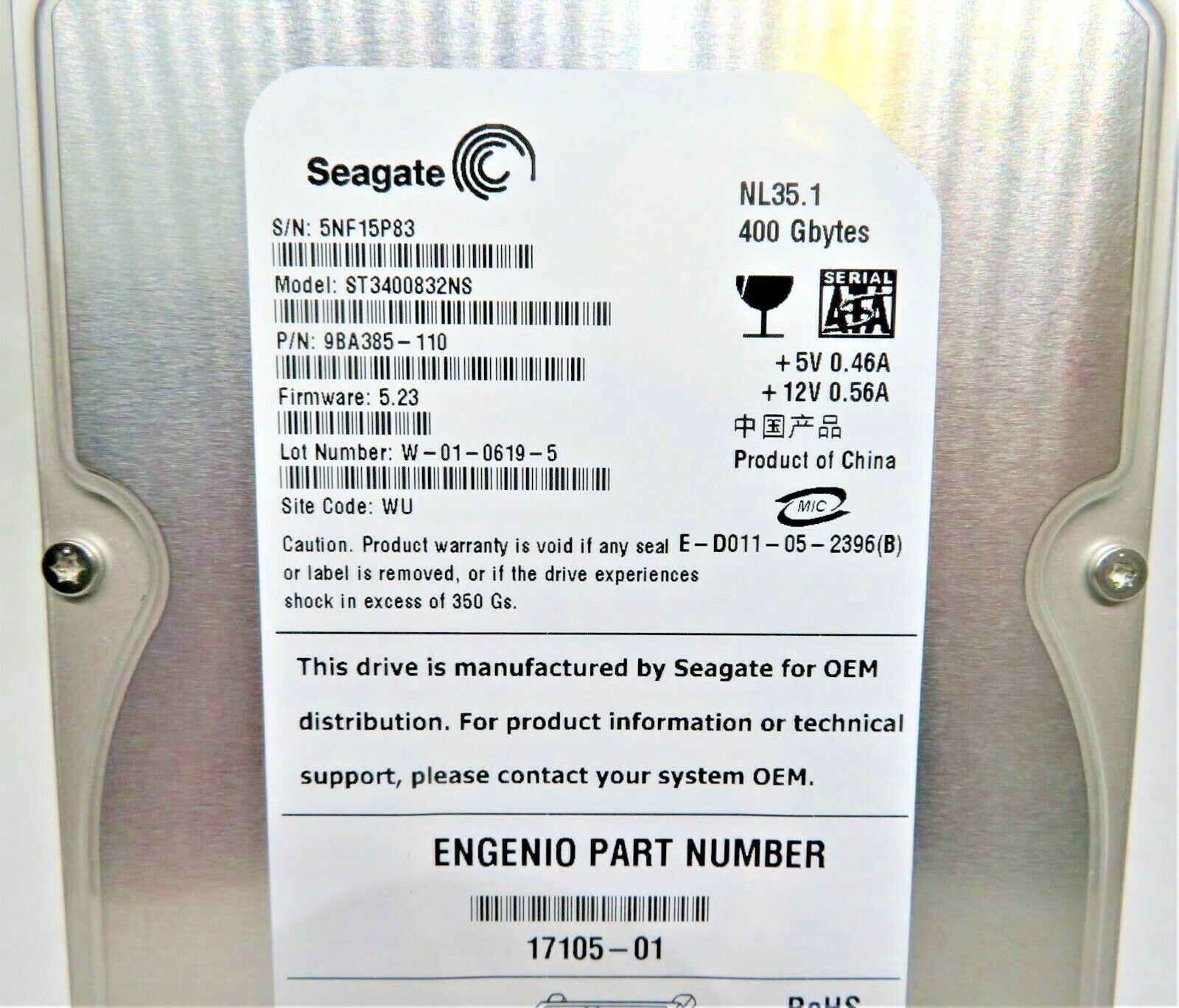 SEAGATE  HAWK ST3400832NS PN 9BA385-110, FW 5.23 400GB SATA 3.5 HDD 