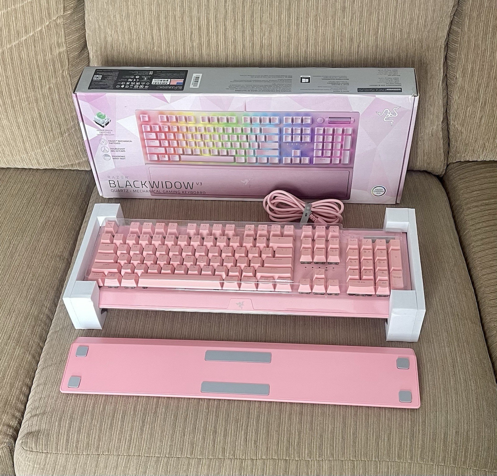 Razer BlackWidow V3 Quartz Backlit Gaming Keyboard w/ Ergonomic Wrist Rest Pink