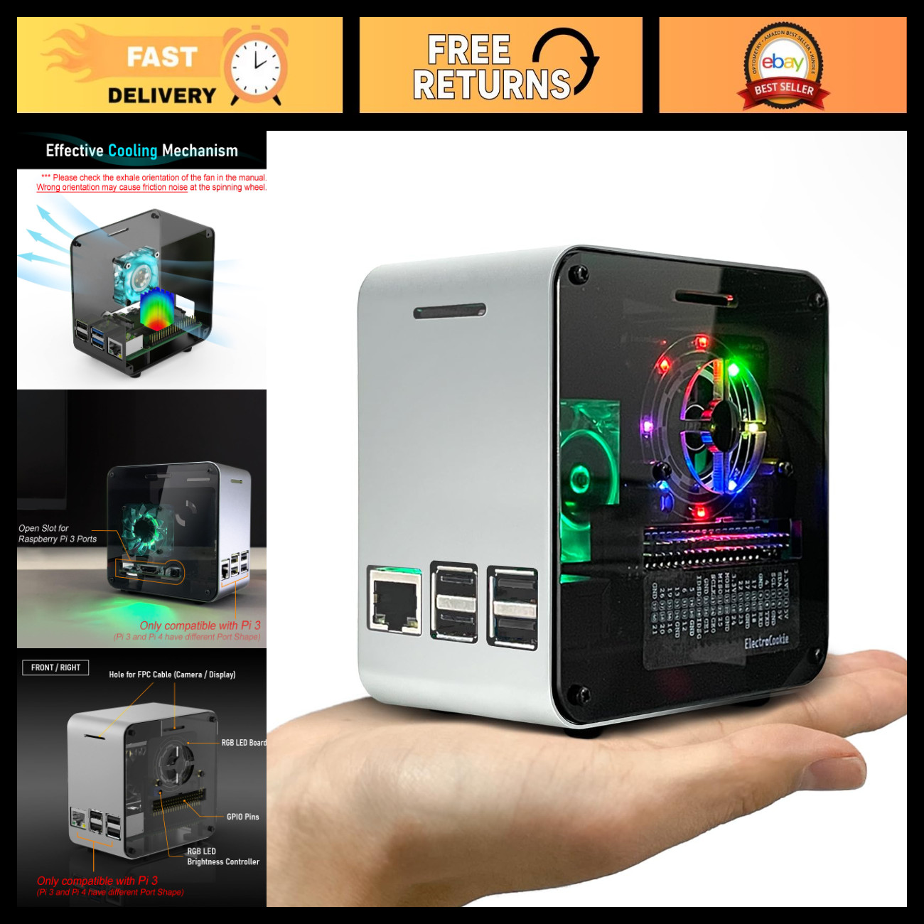 Aluminum Mini Tower Case for Raspberry Pi 3, Cooling Fan & Color Changing Light
