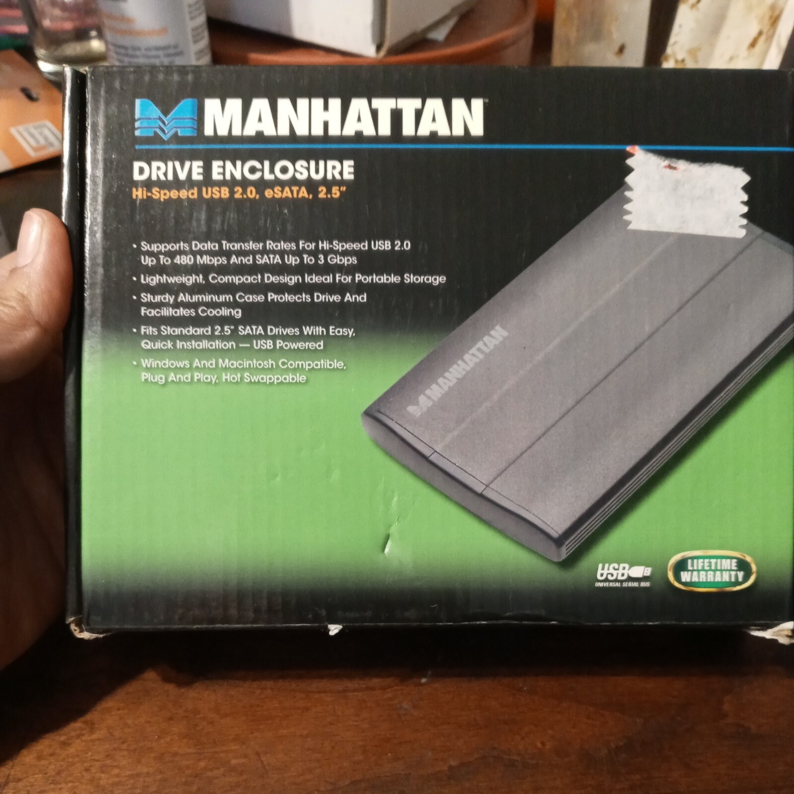 NEW Manhattan 130042 Drive Enclosure with Built-in USB Cable 2.0 Enc 2.5in SATA