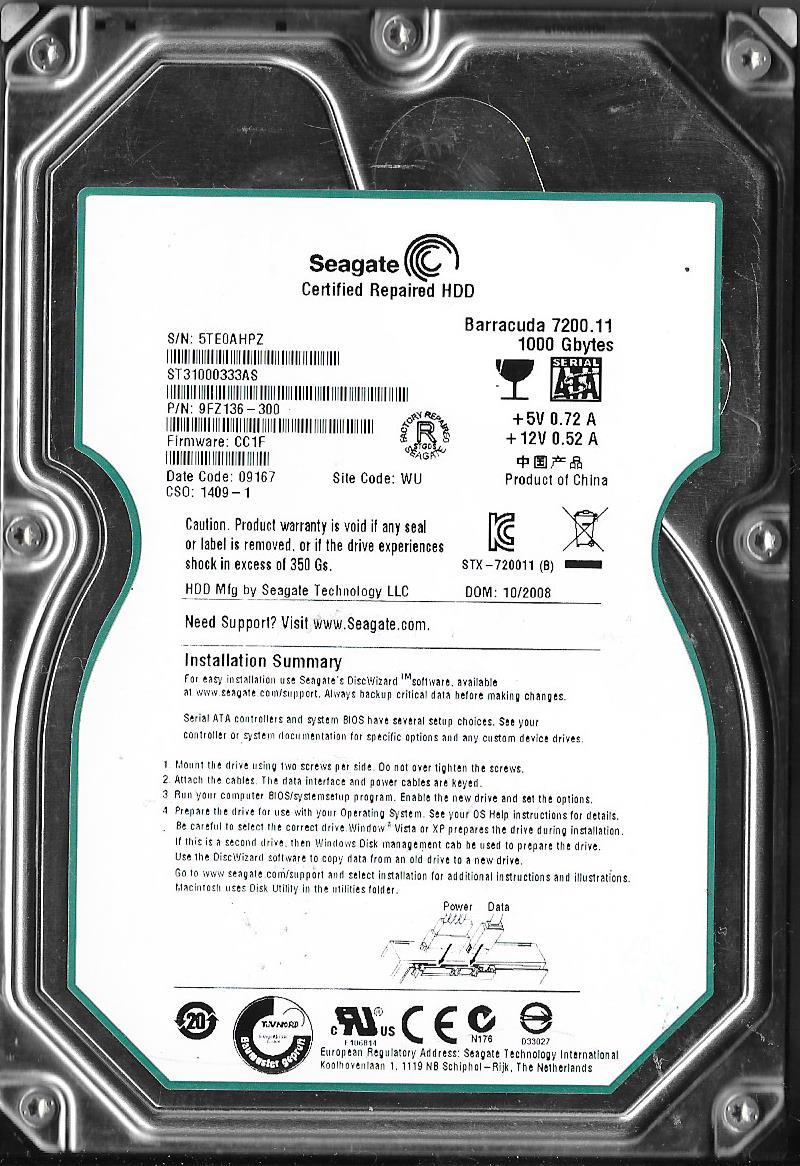 SEAGATE BARRACUDA ST31000333AS 1TB SATA HARD DRIVE P/N: 9FZ136-300  FW: CC1F  WU
