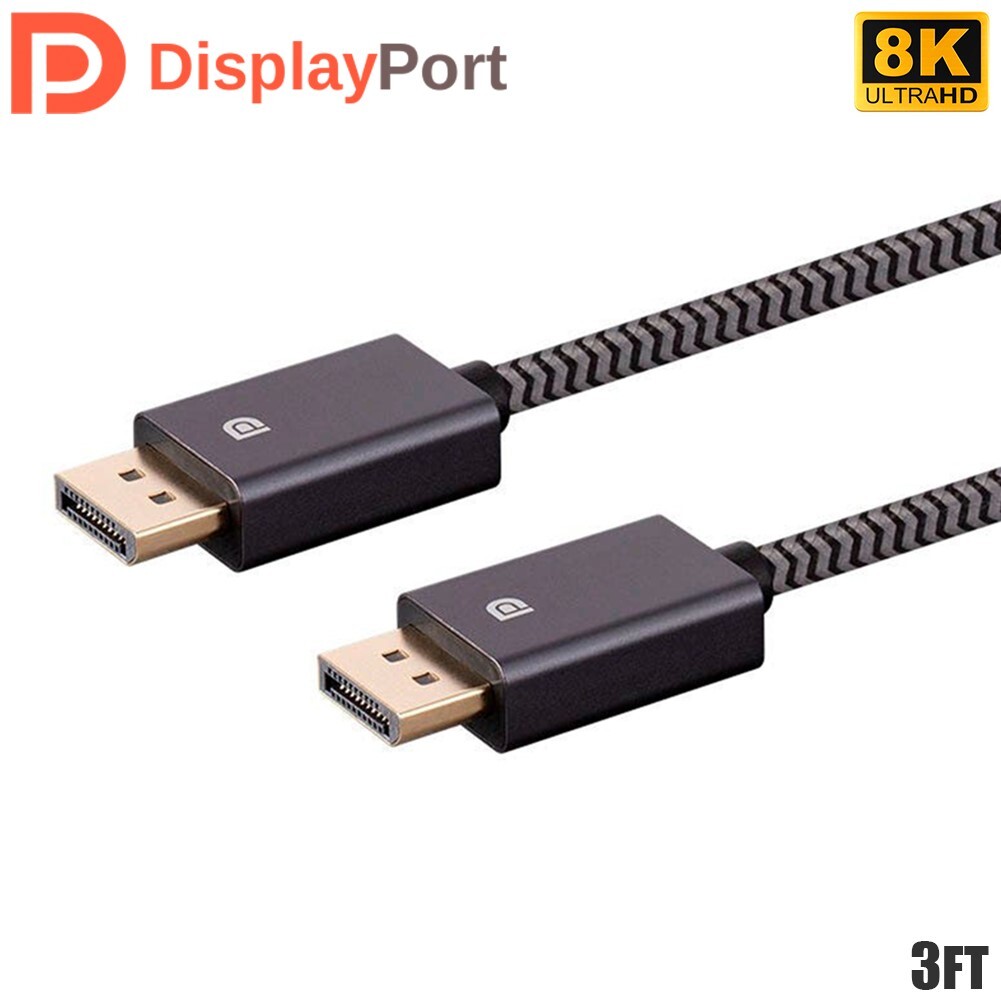 3FT DisplayPort DP 1.4 8K 4K 32.4Gbps Easy Plug & Play Cable Nylon Braided Gray