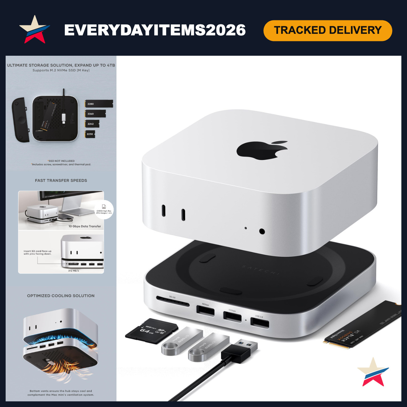 Mac Mini Hub & Stand with NVMe SSD Enclosure - M6, M5 Pro, M4 Compatible, Silver