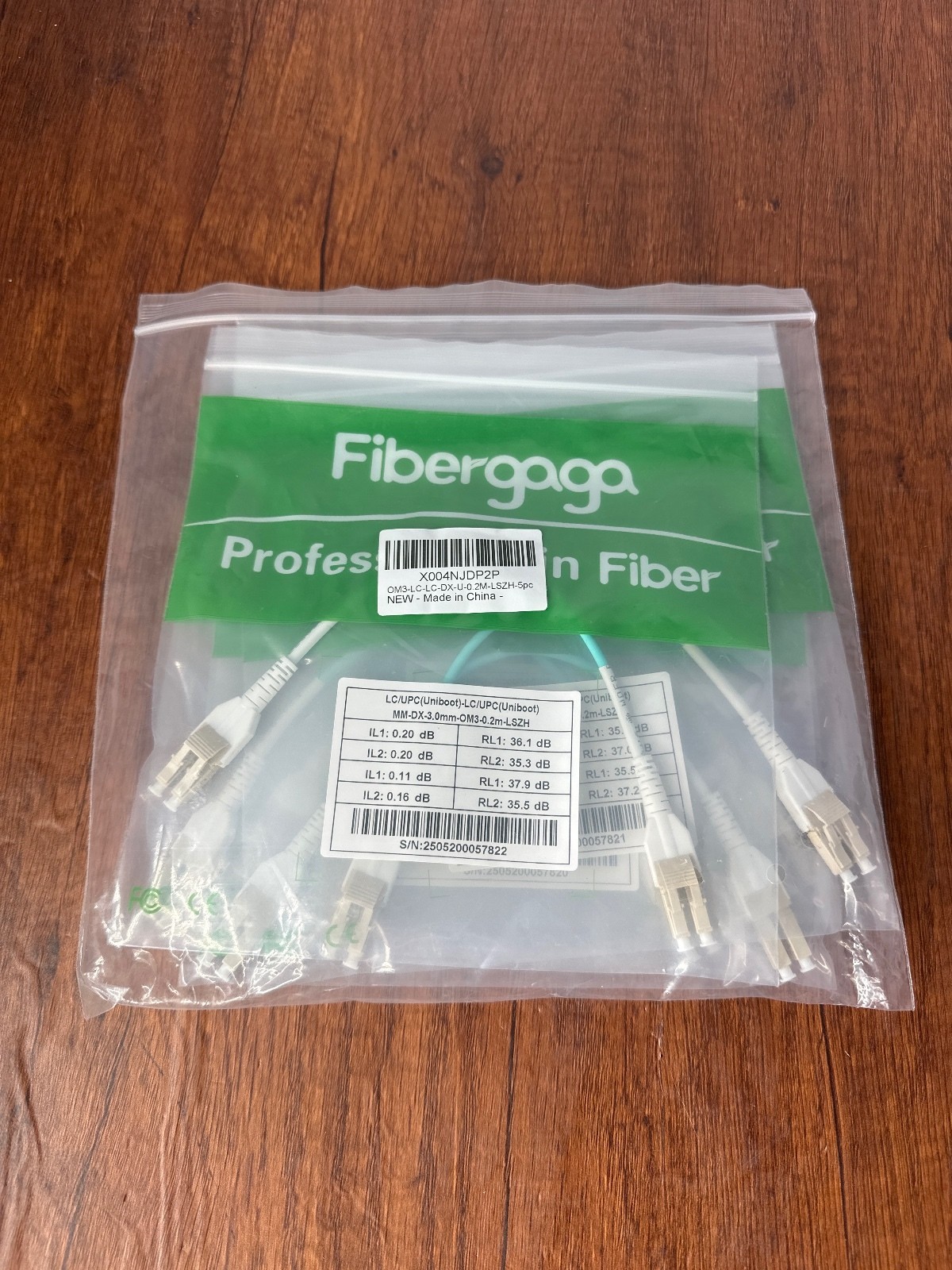 Fibergaga OM3 LC-LC Duplex Fiber Optic Patch Cable 0.2M LSZH 5-Pack