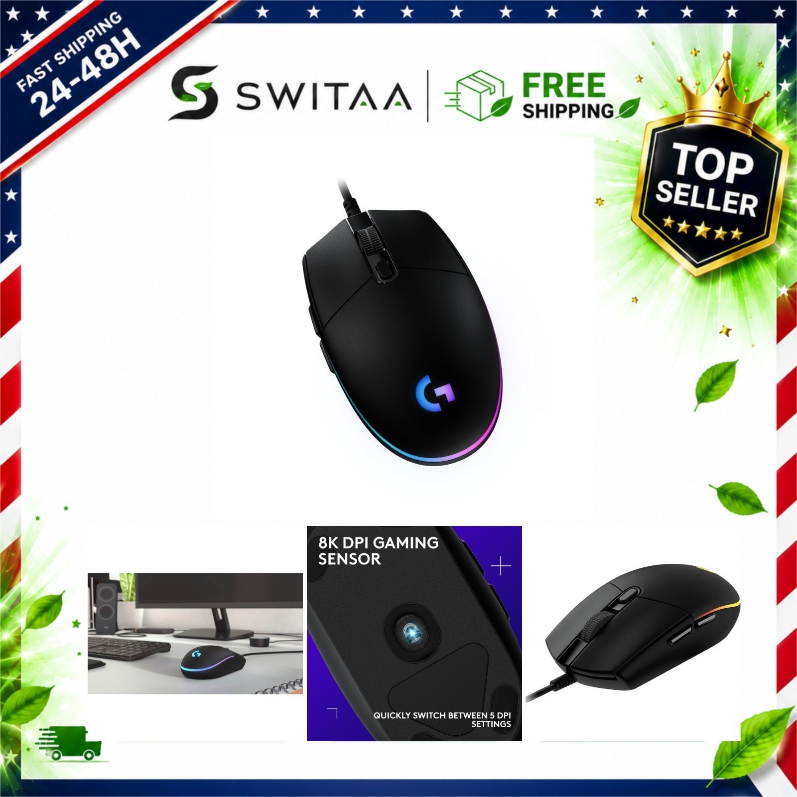 Logitech G203 Wired Gaming Mouse, 8000 DPI Optical Sensor, RGB LIGHTSYNC - Black