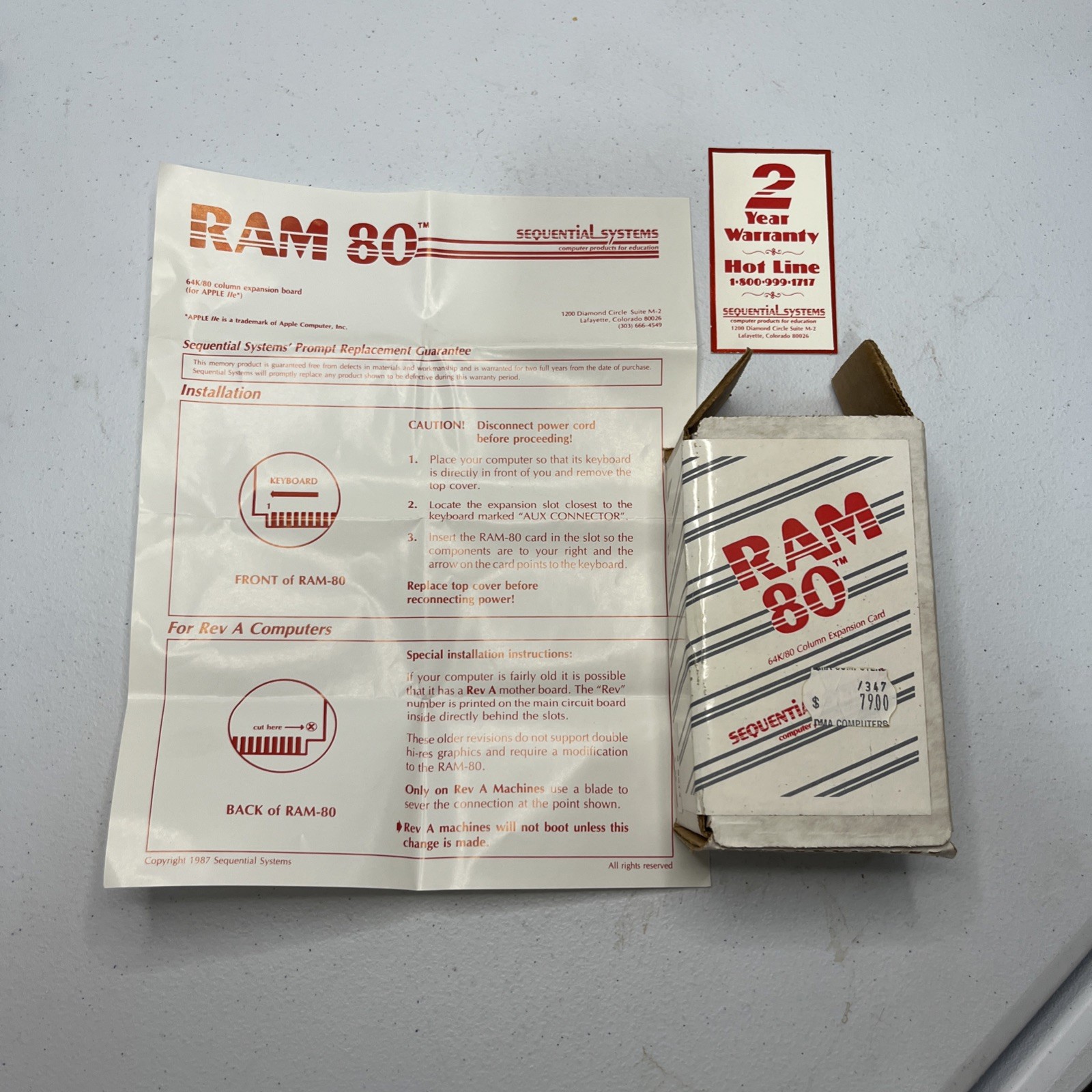 Sequential Systems Ram 80 Column card box and instructions NO CARD