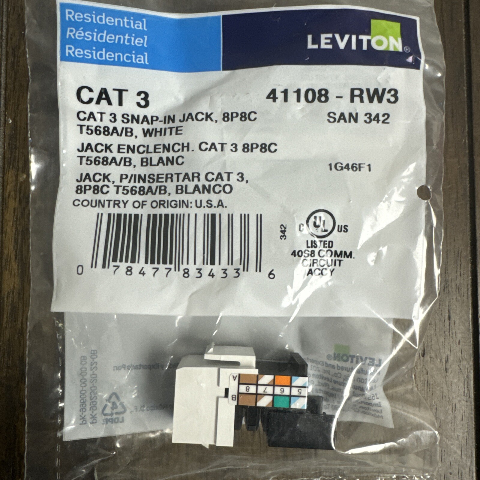 Leviton 41108-RW3 Cat3 Snap-In Jack, San 302, White