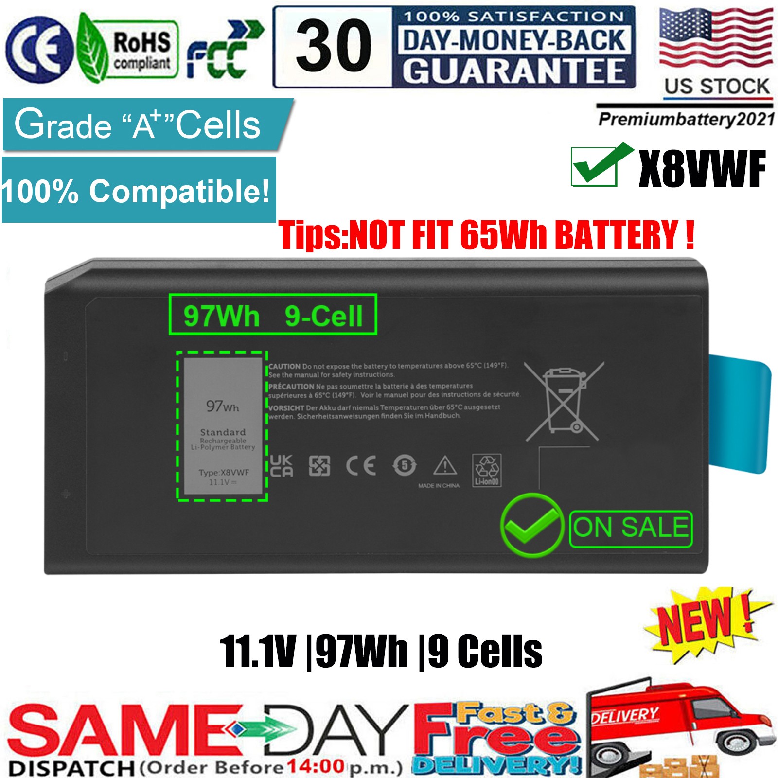 ✅97Wh X8VWF Battery For Dell Latitude 14 Rugged 5404 5414 E5404 7404 7414 P45G