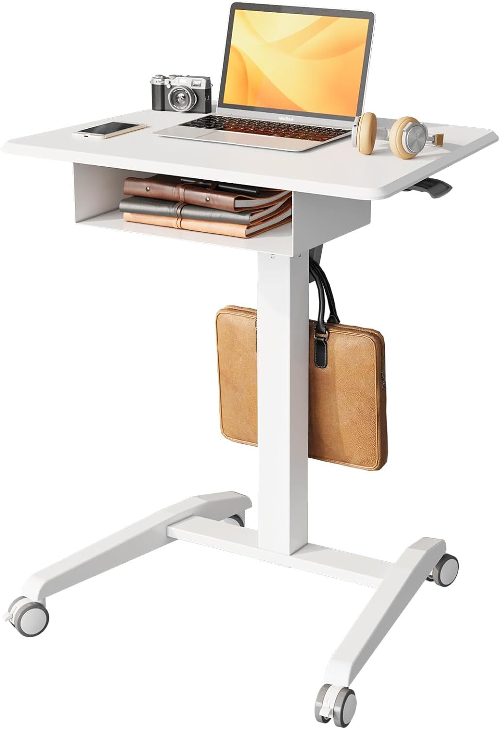 JOY worker Mobile Standing Desk with Storage Drawer, Pneumatic Height White 