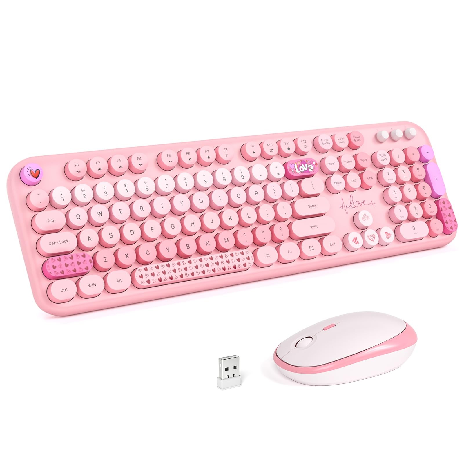 Pink Rainbow Wireless Keyboard Mouse Combo Full Size Typewriter Round Keycap