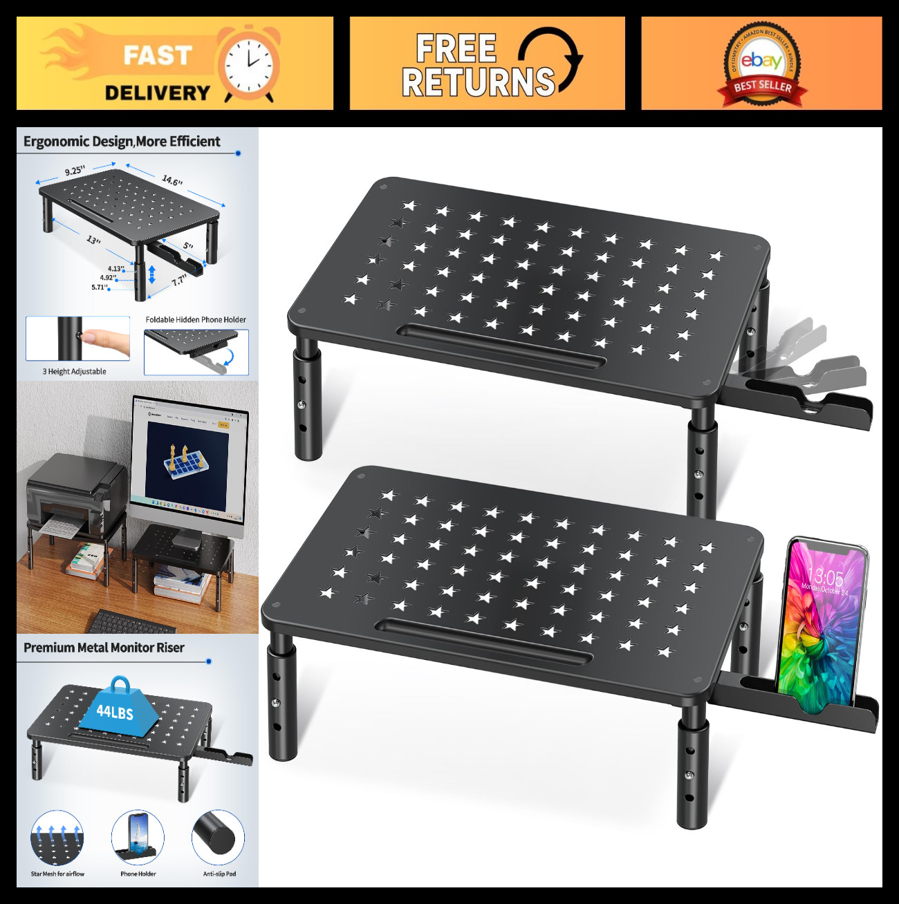 2 Pack Adjustable Monitor Stand Risers - Premium Metal for Dual Monitors, Laptop