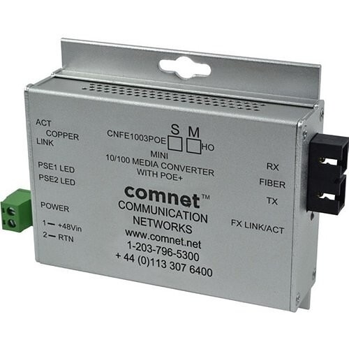 ComNet CNFE1003POES Hardened Media Converter, SC Connector, Fiber, 48V PoE