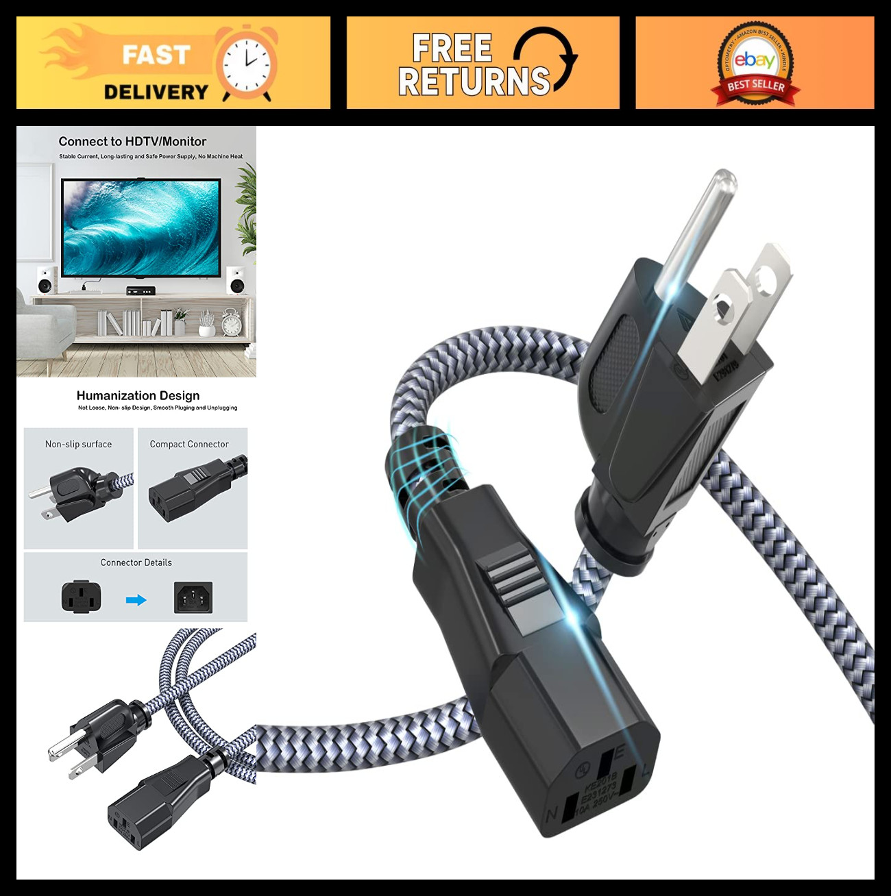 10FT Nylon Braided 3 Prong AC Power Cord Replacement - UL Certified for PC, TV,