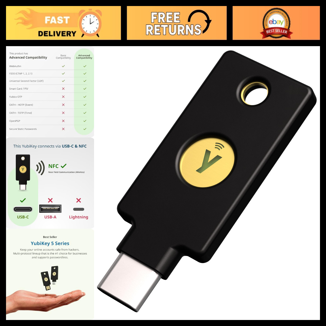 Multi-Factor Authentication Security Key - YubiKey 5C NFC FIPS, USB, FIDO Certif