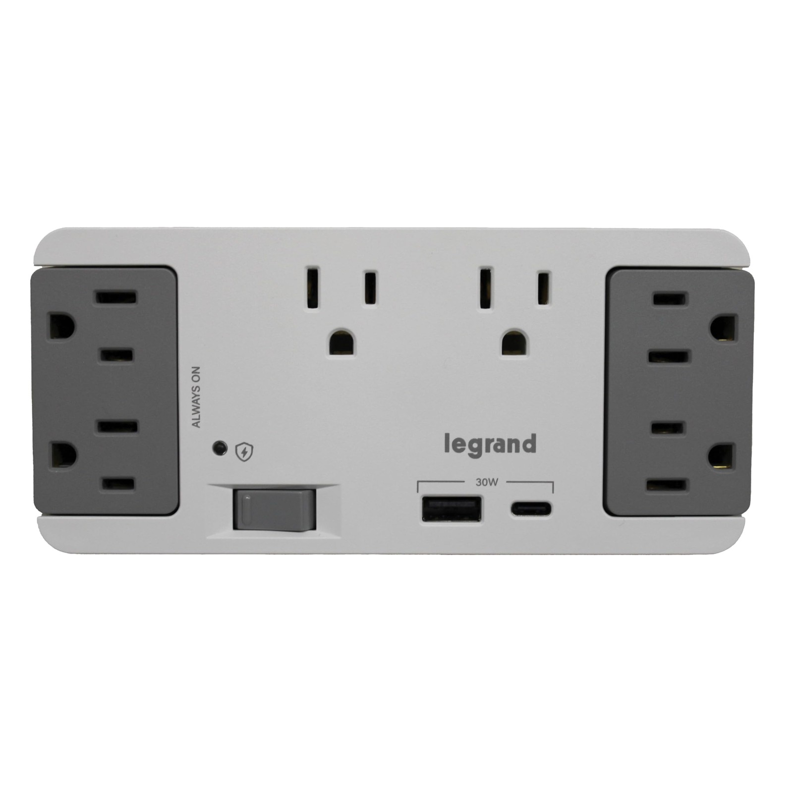 On-Q 6 Outlet Enclosure Surge Protector with One USB-A Small, White and Gray