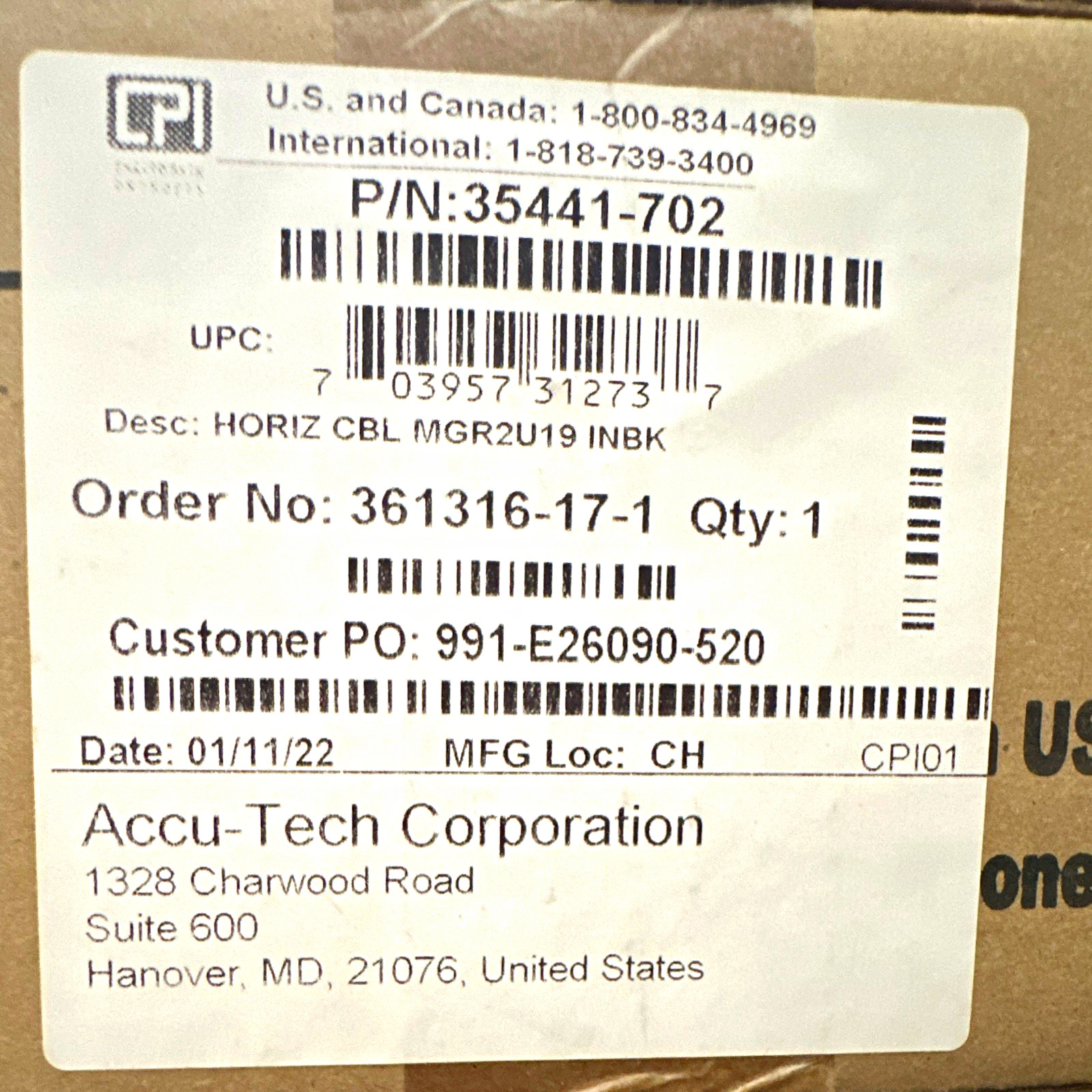 CPI 2U 19in Horizontal Rack Mount Cable Manager Accu-Tech 35441-702