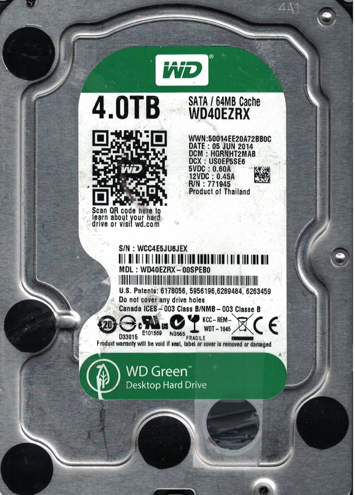 Western Digital WD40EZRX-00SPEB0	05 Jun 2014 DCM HGRNHT2MAB