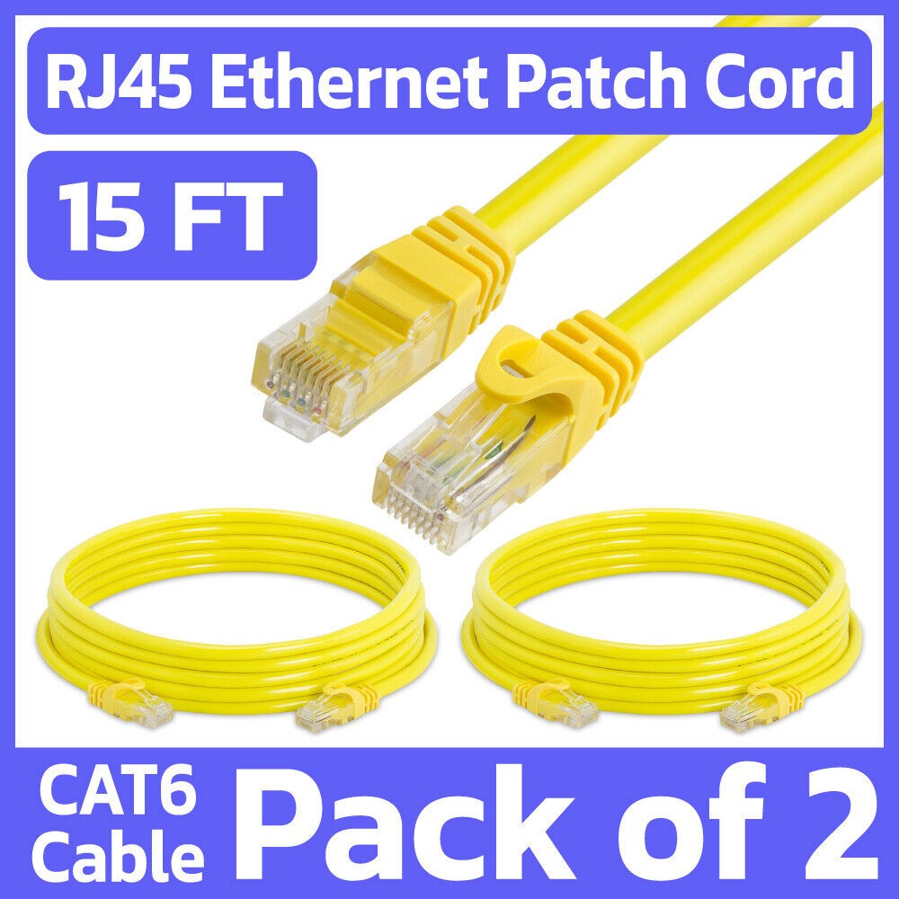 2 Pack Yellow Cat6 Ethernet Patch Cord 15ft LAN Internet Wire RJ45 Network Cable