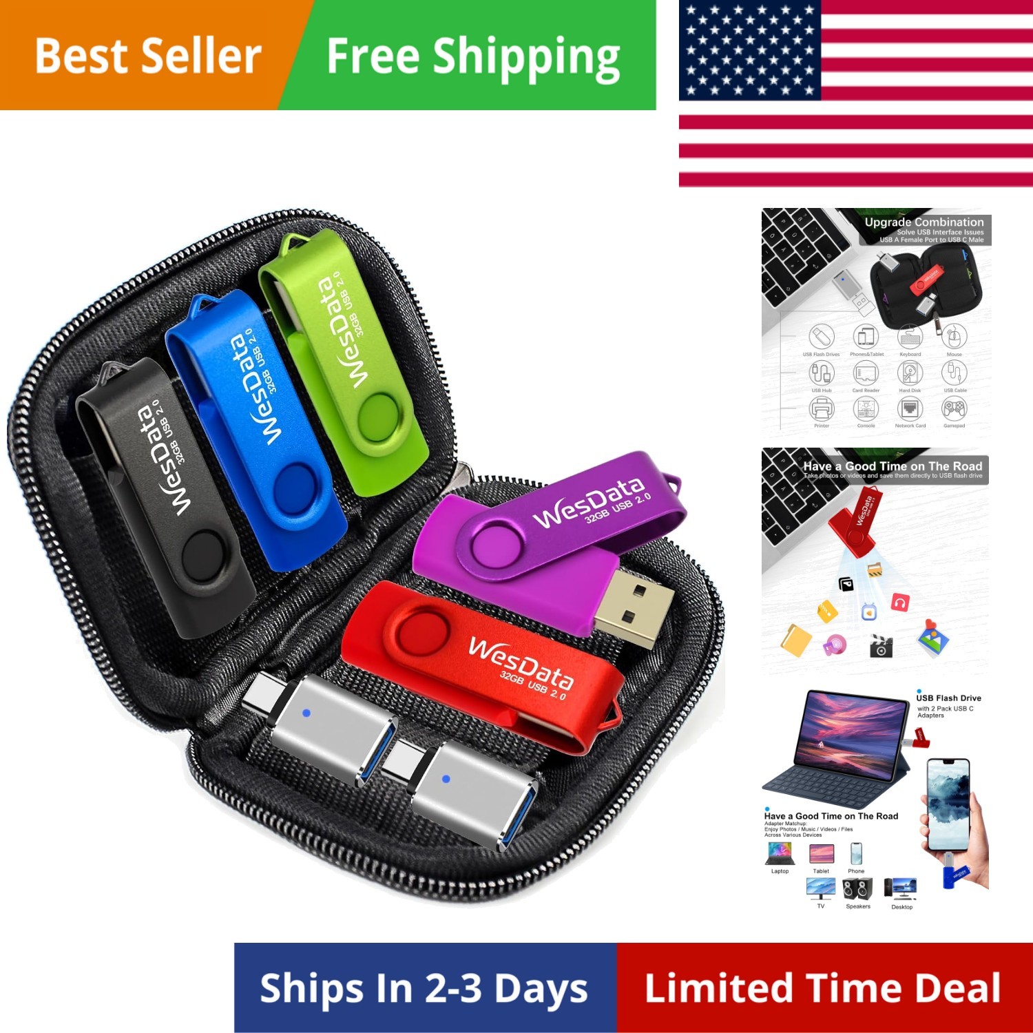5 Pack 16GB USB Flash Drive and 2 Pack USB C Adapters in a Case, Thumb Drives...