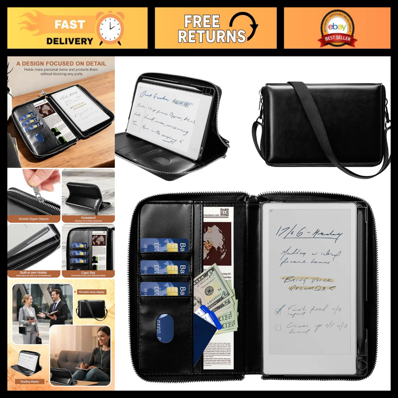 Premium Leather Folio Case for Remarkable Paper Pro 7.3" - Zipper, Pen Holder, M