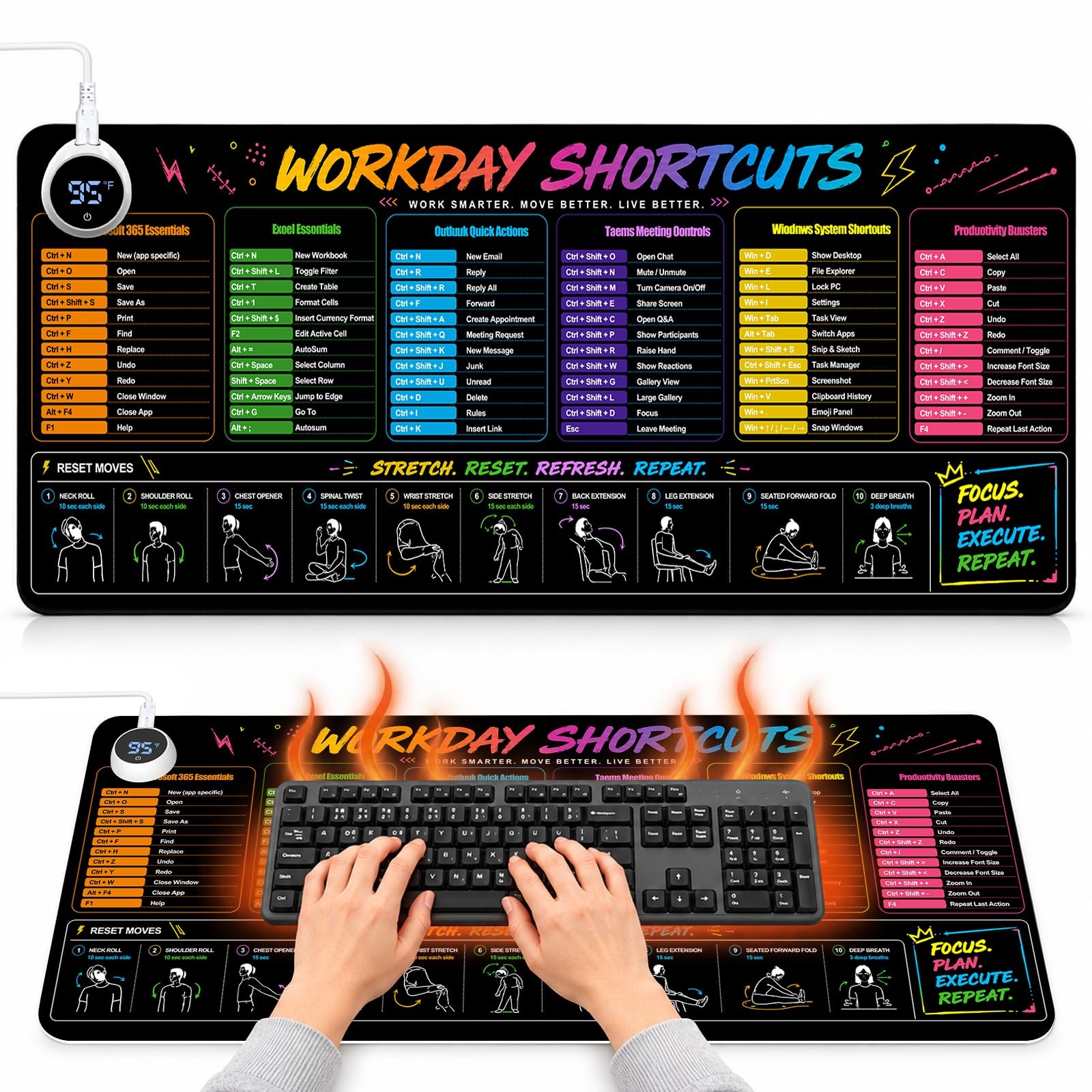 Large Heated Desk Pad, Excel Shortcuts Mouse Pad with 5 Levels Heating, D