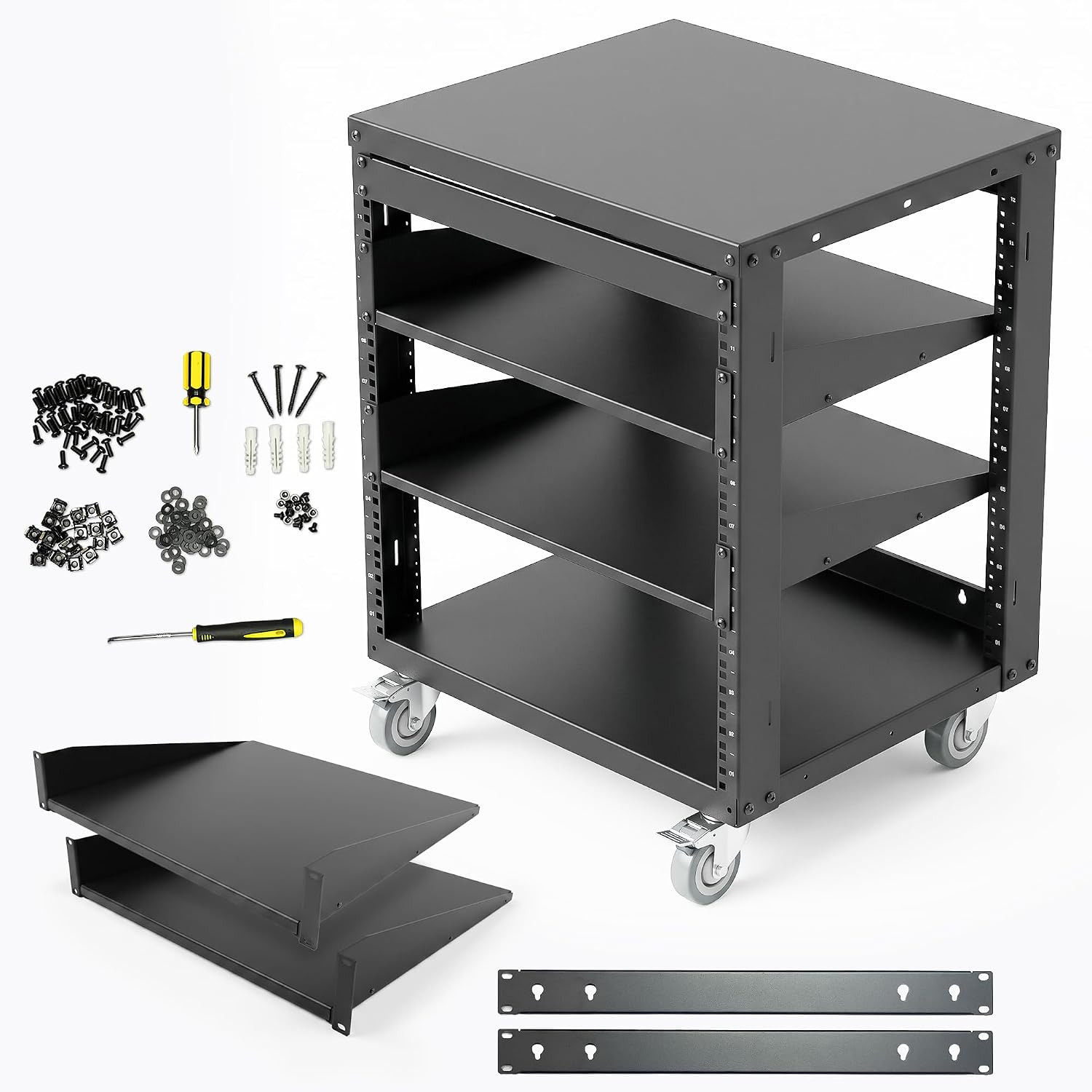 Axcessables 12U Open Frame Network & AV Rack with Caster Wheels, Two 2U Shelves,