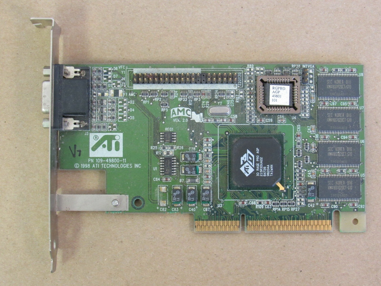 ATI TECHNOLOGIES INC PN 109-49800-11, AMC VER. 2.0, GRAPHIC CARD 1998