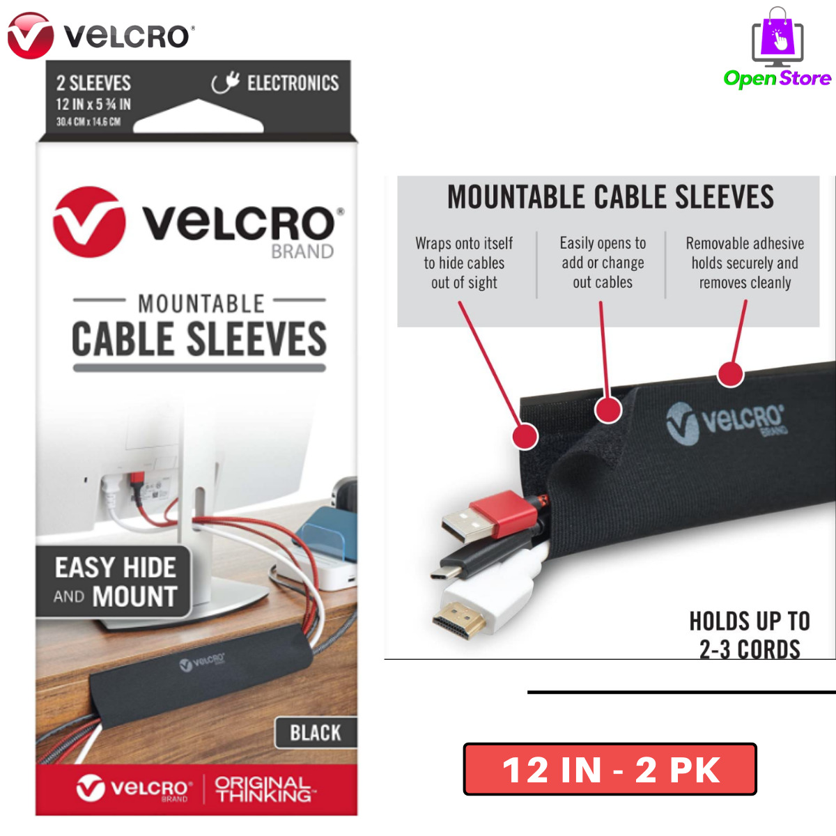 Black Velcro Brand Removable Mountable Cable Sleeves 12 In 2 Pk For Walls & Desk