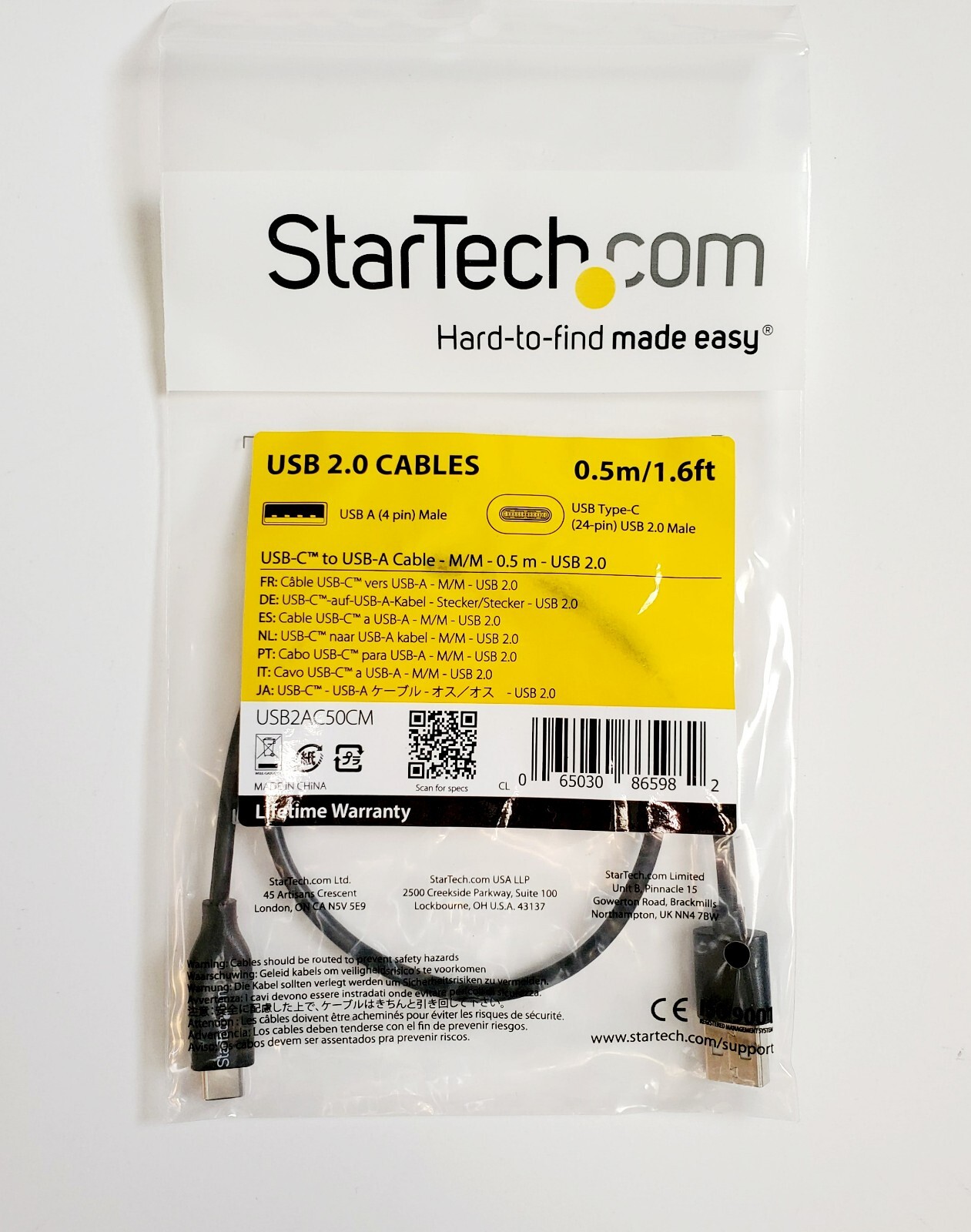 NEW StarTech USB2AC50CM USB-C to USB-A Cable M/M 0.5 m USB 2.0 Data Transfer