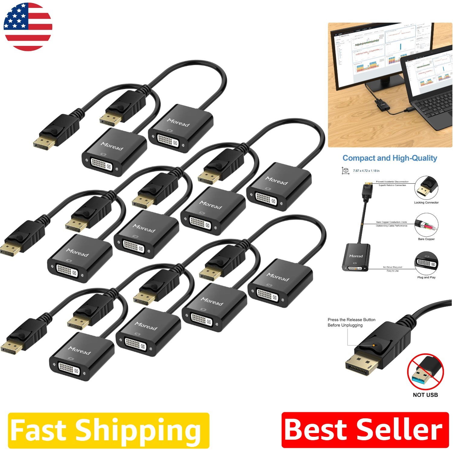 DisplayPort to DVI Adapter 10pk Gold Plated 1920x1080 Secure Lock