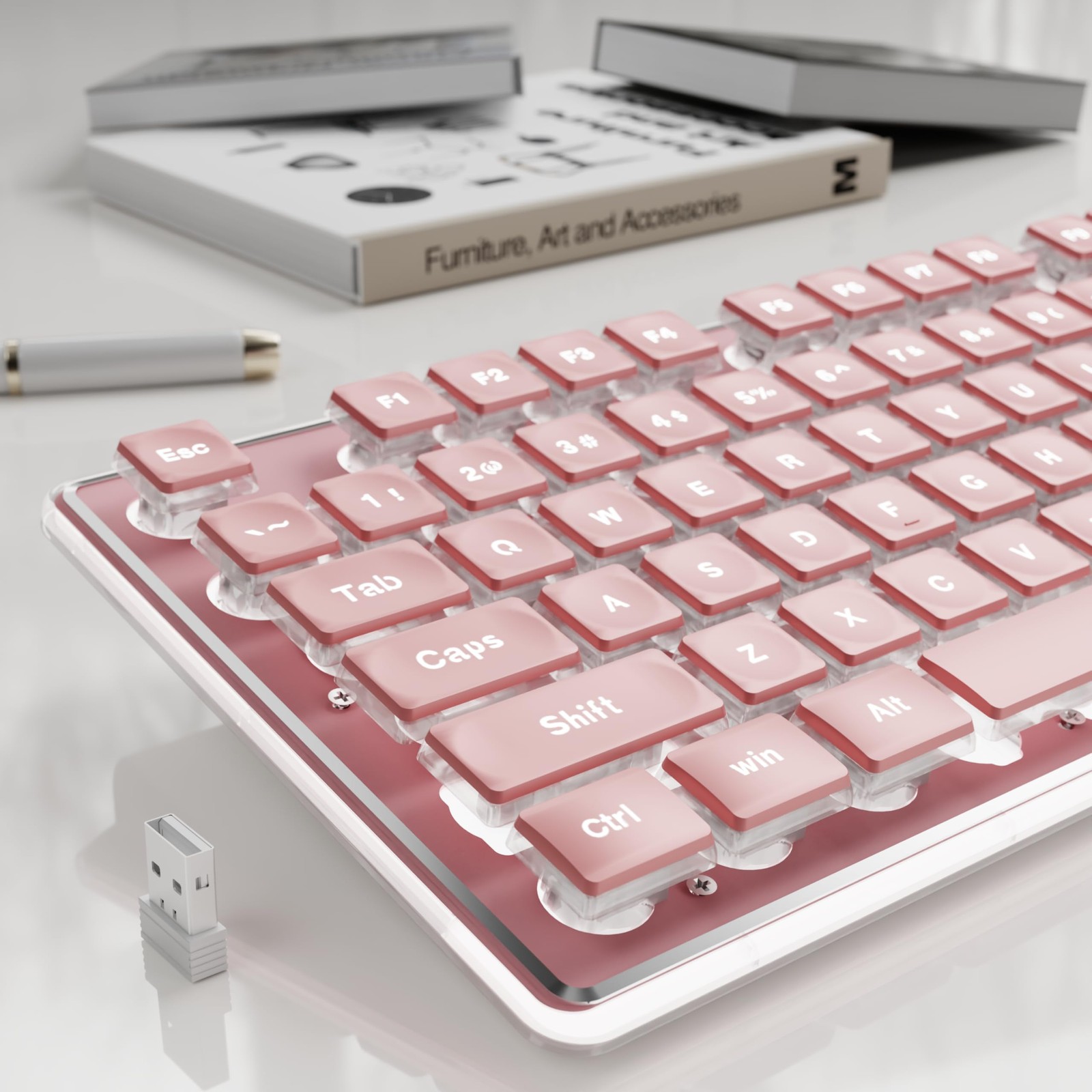 Pink X7S Wireless Keyboard White Backlit Metal Panel Rechargeable Quiet