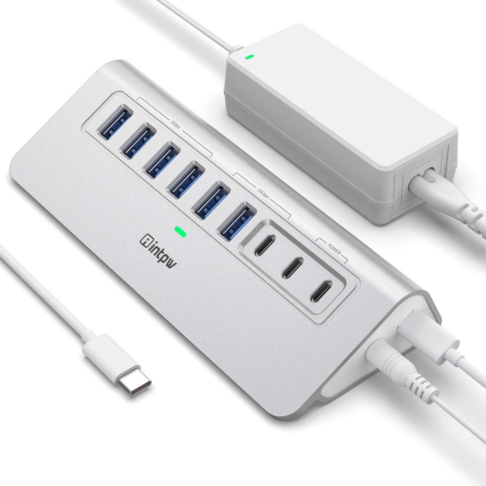 Powered USB Hub 10Gbps, 9-Port USB 3.2/USB C Hub, 65W Power Adapter