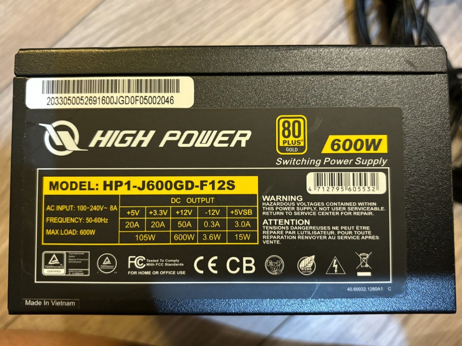 High Power HP1-J600GD-F12S 600W 80plus Gold ATX/EPS 12V Gaming PC Power Supply