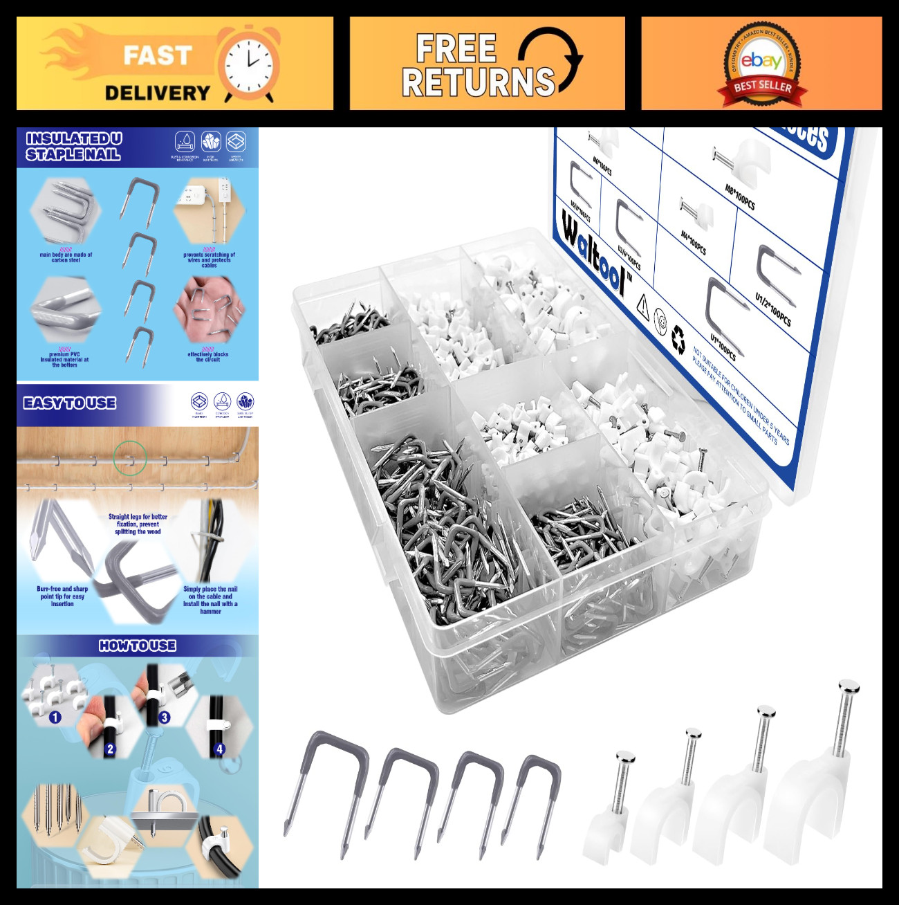 800Pcs Insulated U Staple Nails & Ethernet Cable Clips Set, Metal Wire Wall Clam