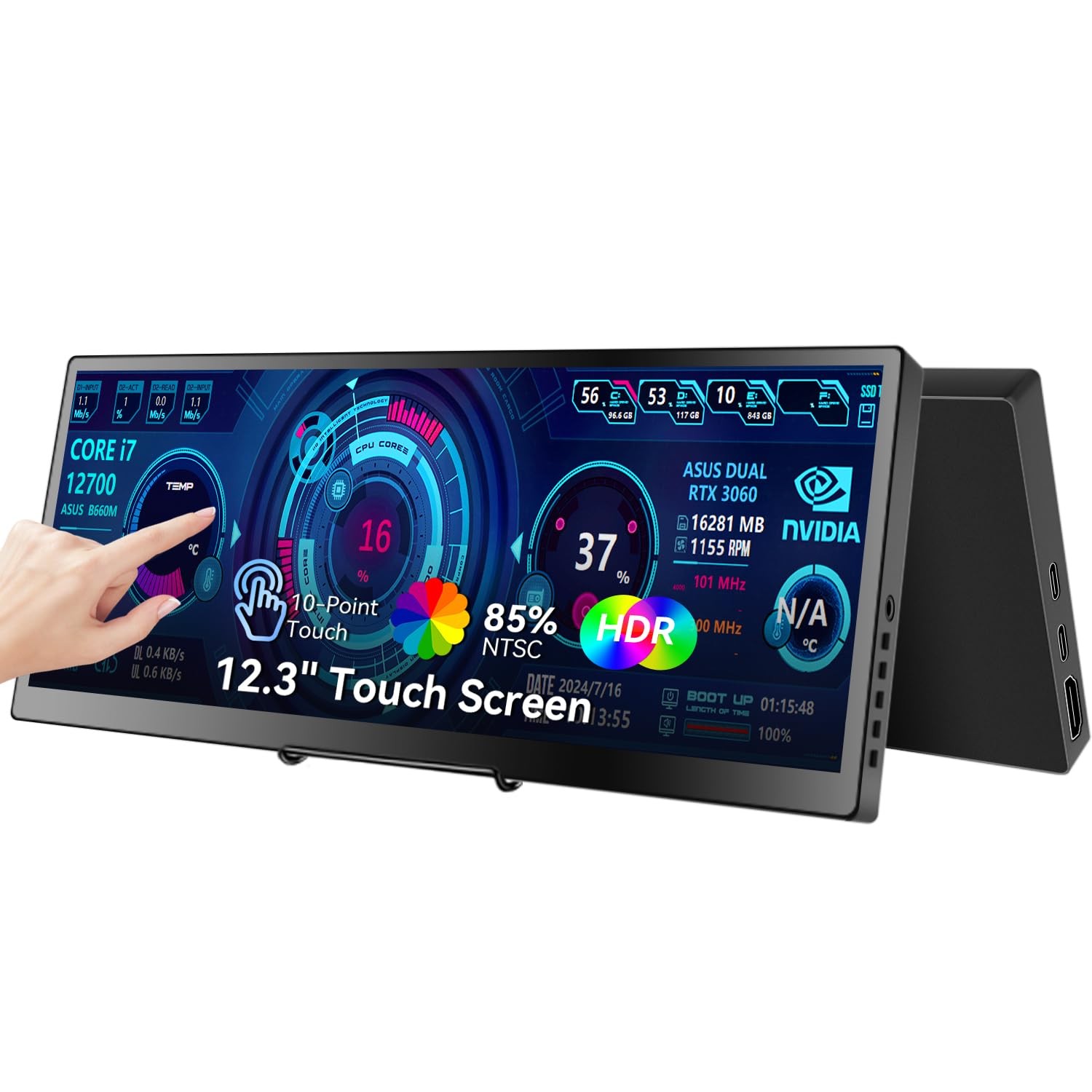 12.3 Portable Touchscreen Monitor,1920*720 IPS Mini Touch Screen,Travel Displ...