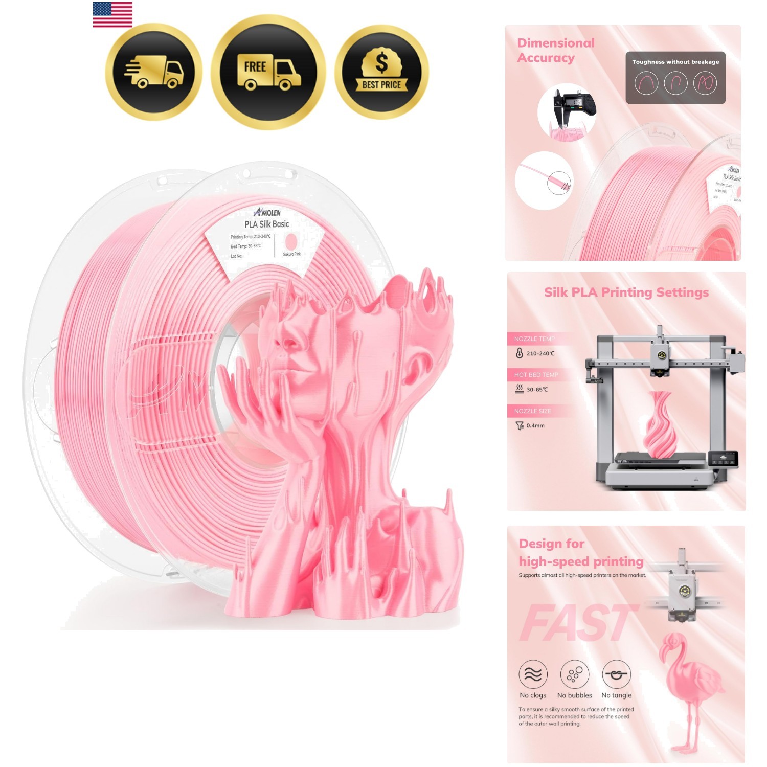 PLA Filament 1.75mm Silk Shiny Sakura Pink, 3D Printer Filament 1.75mm for 3D...