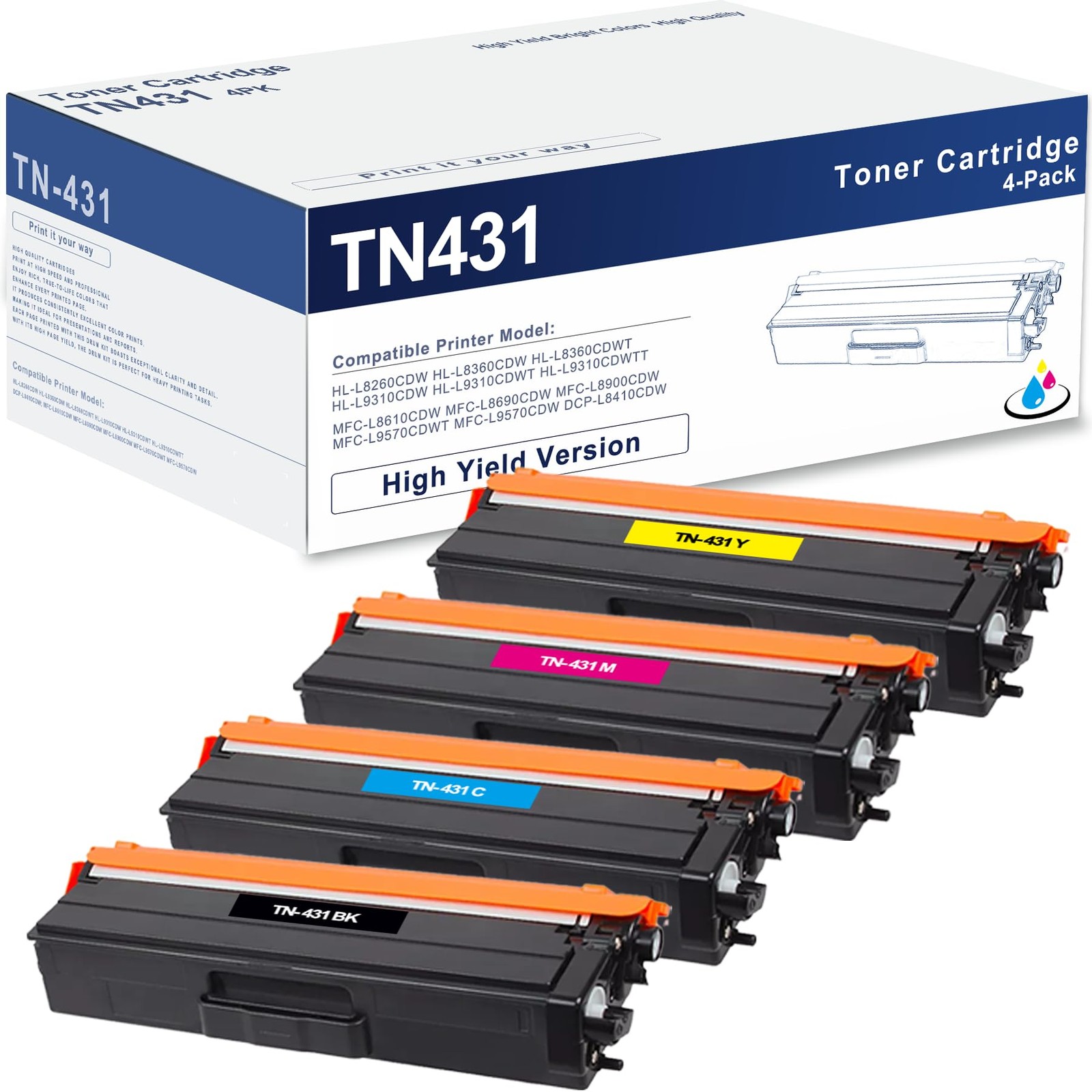 MOLIMER TN431 Toner Cartridge 4-Pack, Replacement Brother TN431BK TN431C TN431M